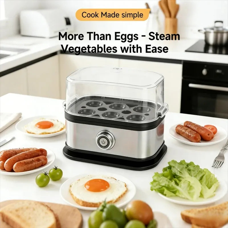 ✨ Stainless Steel Electric Egg Cooker | Clear Lid + 6-Egg Capacity | Timer Control for Soft/Medium/Hard Boiled, Steams Veggies & Dumplings, Perfect Breakfast Maker!