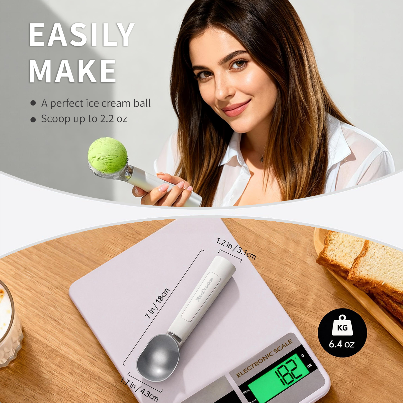 Heated Ice Cream Scoop, Rechargeable Electric Warming Scooper, Heats to for Hard Ice Cream, Waterproof, Easy for Seniors & Kids (White，17.8*4.3cm)
