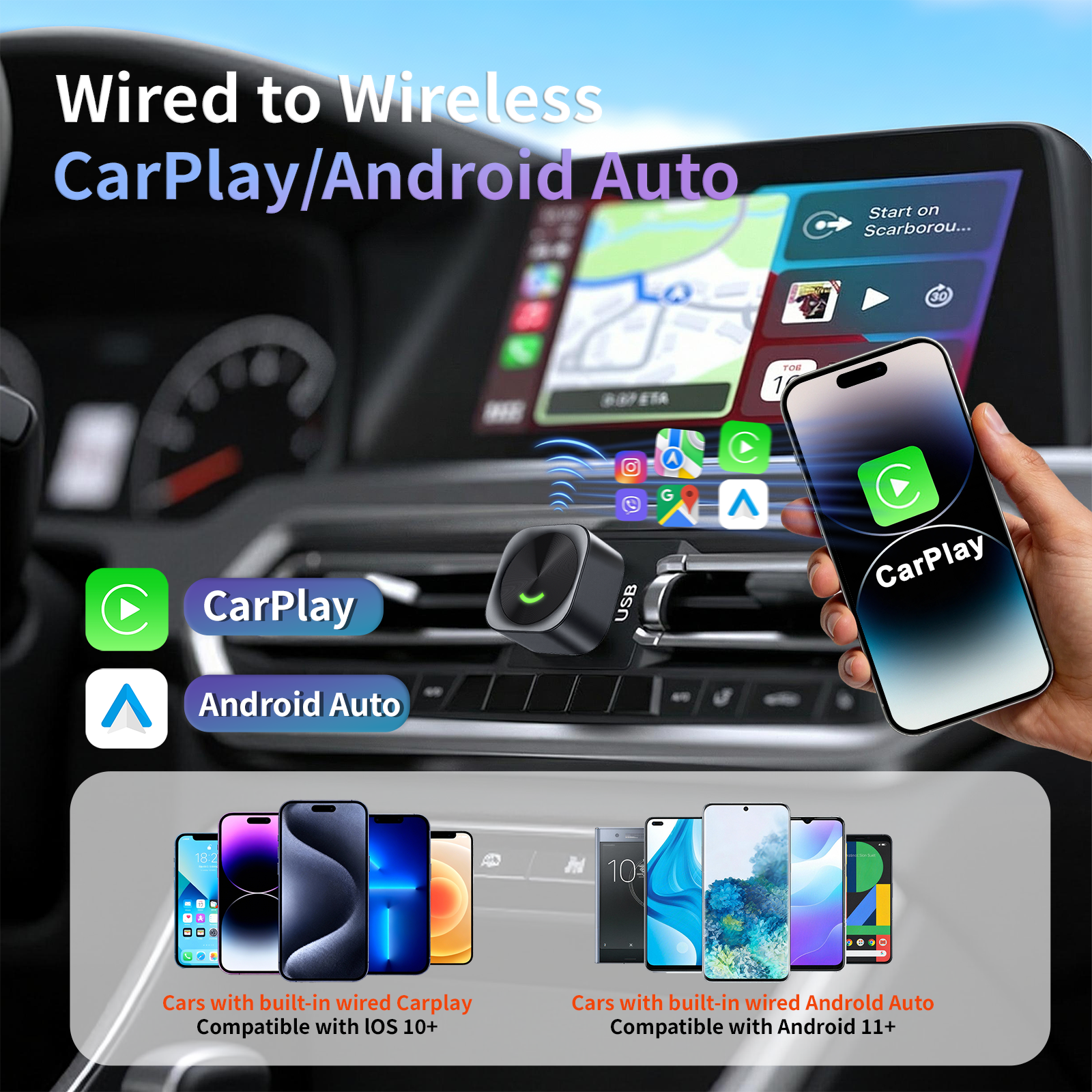 2 in 1 Wireless CarPlay and Android Auto Adapter Plug and Play Carplay Adapter
