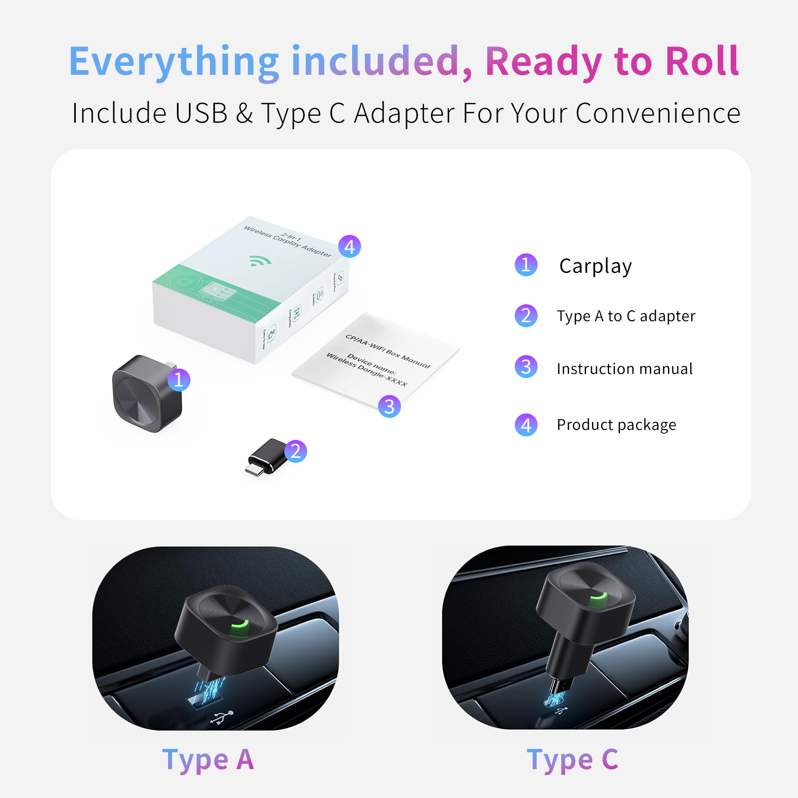 2 in 1 Wireless CarPlay and Android Auto Adapter Plug and Play Carplay Adapter