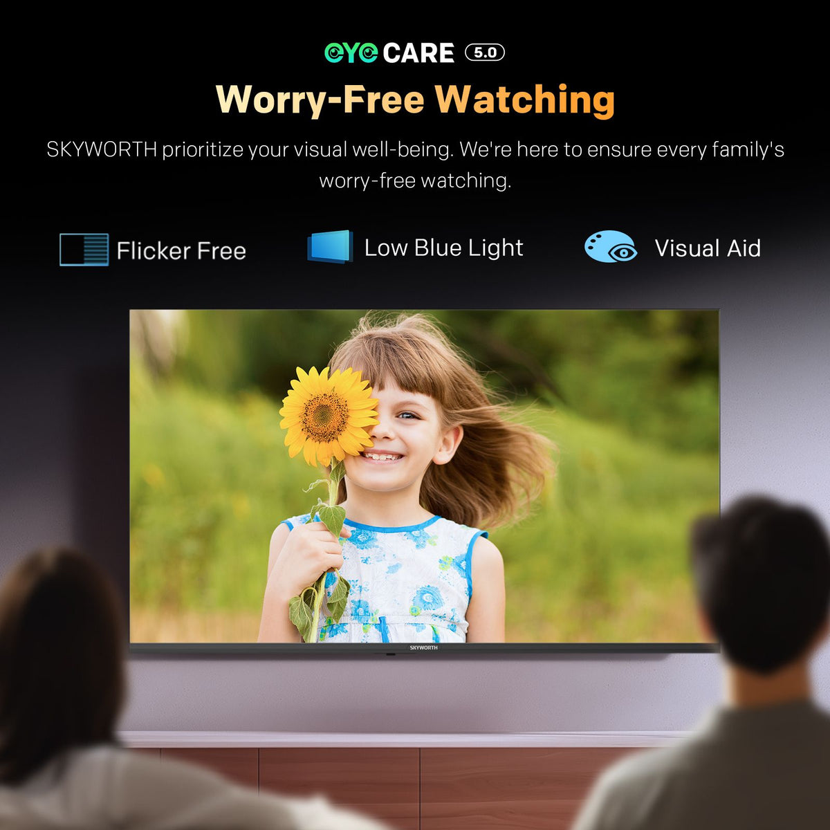 SKYWORTH 43" E5500H EyeCare Smart Google TV, 1080P FHD, HDR10 HLG, Find-My Remote, AI Picture Processing, Dolby Audio, Screen Casting, Bezel Less Design, Voice Control