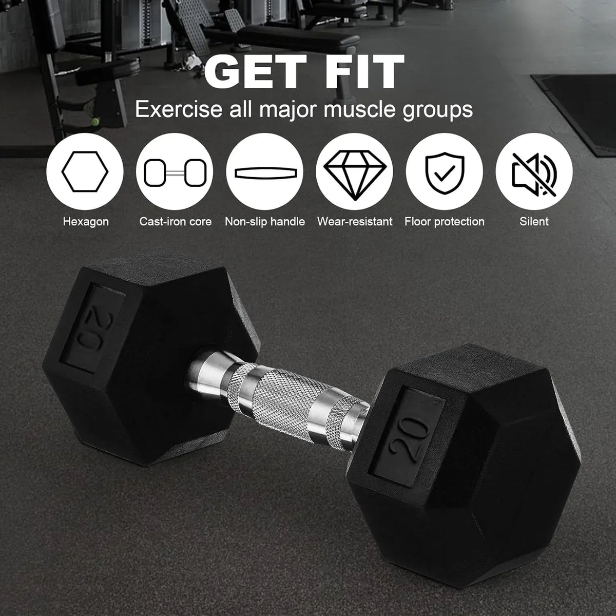 20lb to 45lb Rubber Coated Hex Dumbbells (sold in pairs) — Pair of 25LB / ~11.5kg