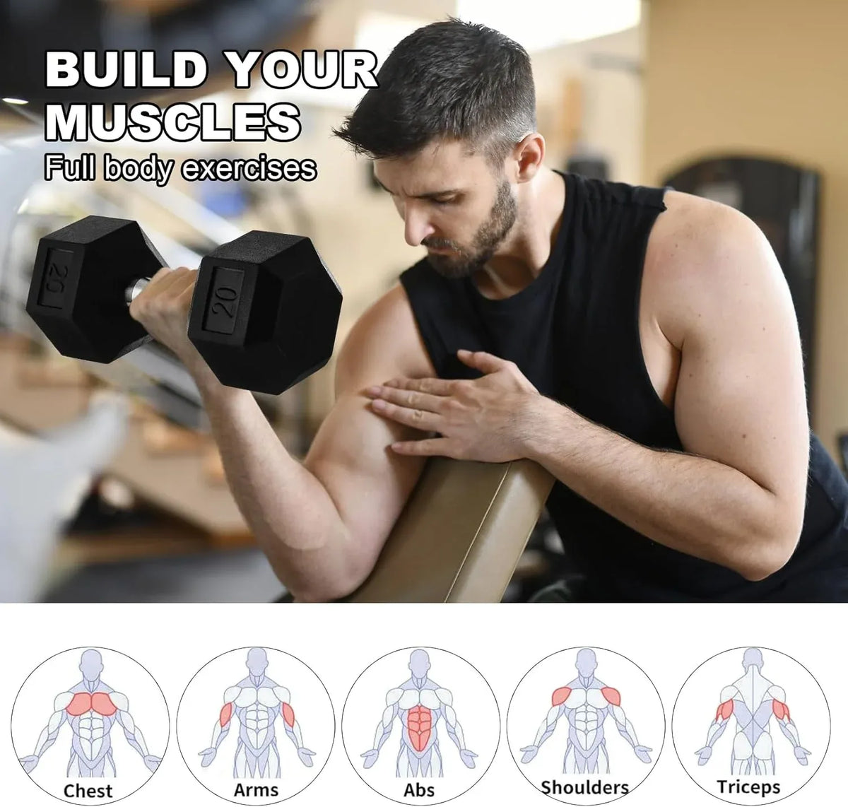 20lb to 45lb Rubber Coated Hex Dumbbells (sold in pairs) — Pair of 25LB / ~11.5kg
