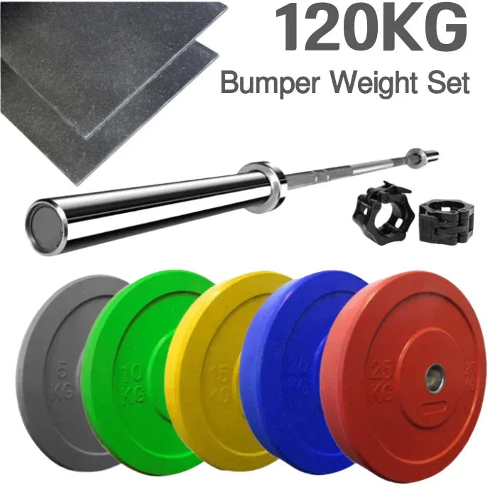 120kg Color Olympic Bumper Plate & Barbell Set with Flooring Mats