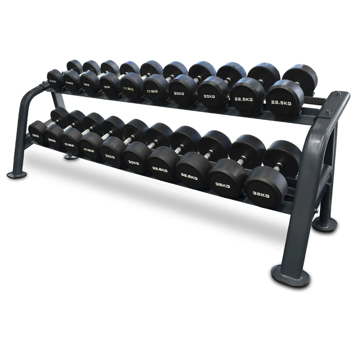 10-40kg Premium Rubber Coated Round Dumbbell Set with 2-Tier Rack (10 Pairs)