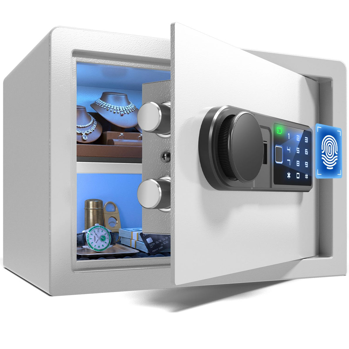 Wendlon White Safe Box Touch Screen with Fingerprint/Electronic Password, Backlit Keypad, LED Light, Anti-Rust & Anti-Theft, Home/Office, 0.78 Cubic Feet,25×35×25 cm