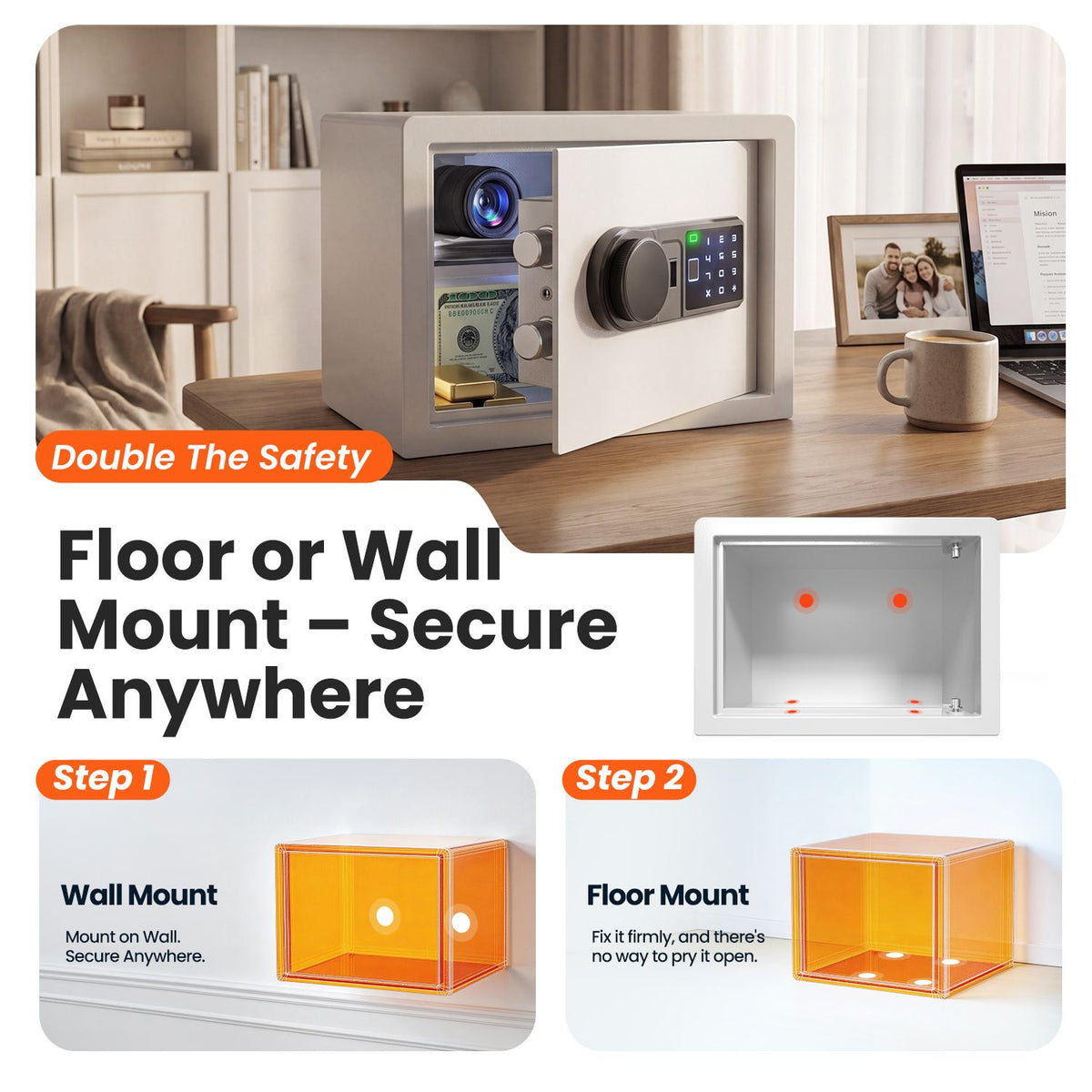 Wendlon White Safe Box Touch Screen with Fingerprint/Electronic Password, Backlit Keypad, LED Light, Anti-Rust & Anti-Theft, Home/Office, 0.78 Cubic Feet,25×35×25 cm