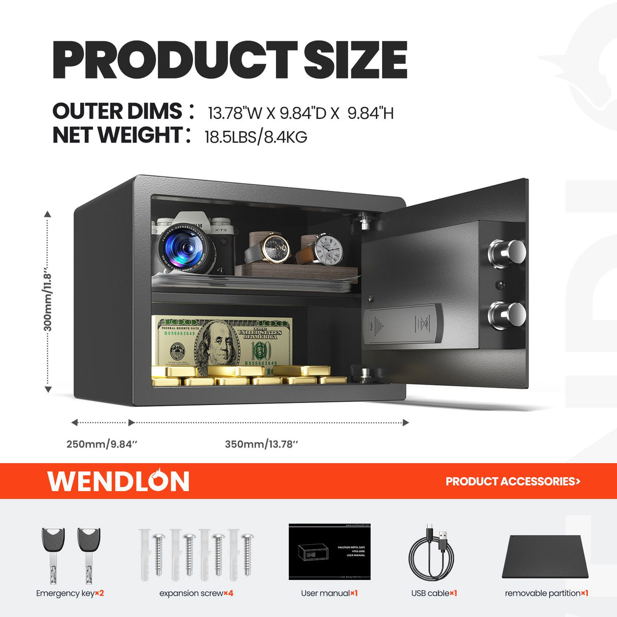 Wendlon Touch Screen Safe Box with Silent Mode, Backlit Keypad, LED Light, Anti-Rust & Anti-Theft, Home/Office, 25×35×25 cm, Black