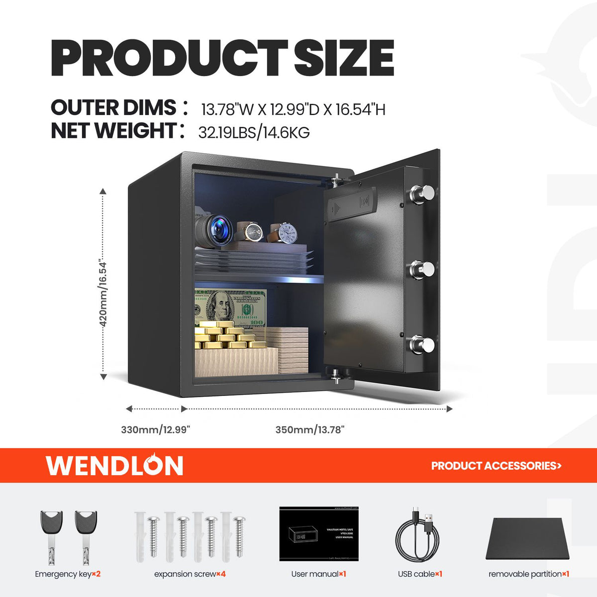 Wendlon Touch Screen Safe Box with Silent Mode, Backlit Keypad, LED Light, Anti-Rust & Anti-Theft, Home/Office, 1.69 Cubic Feet, 33×42×35 cm, Black