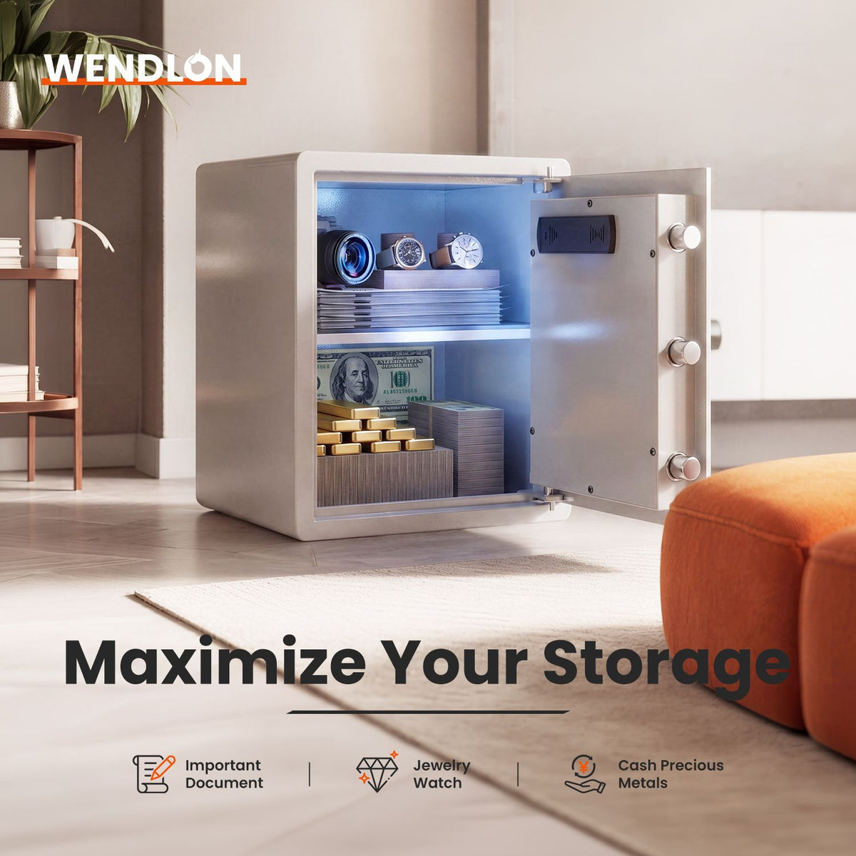 Wendlon White Touch Screen Safe Boxwith Electronic password, Backlit Keypad, LED Light, Anti-Rust & Anti-Theft, Home/Office, 1.69 Cubic Feet,33×35×42 cm