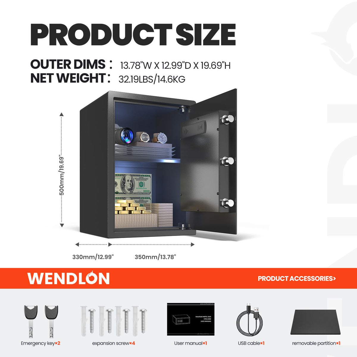 Wendlon White Touch Screen Safe Box with Electronic password, Backlit Keypad, LED Light, Anti-Rust & Anti-Theft, Home/Office, 2.04 Cubic Feet,33×35×50 cm