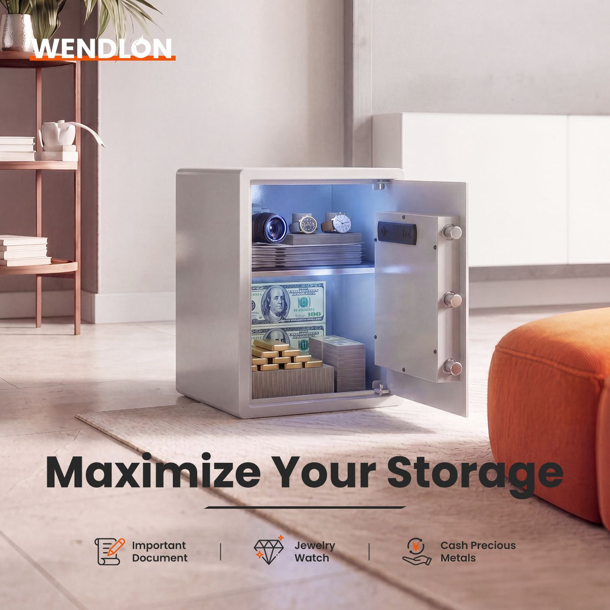 Wendlon White Touch Screen Safe Box with Electronic password, Backlit Keypad, LED Light, Anti-Rust & Anti-Theft, Home/Office, 2.04 Cubic Feet,33×35×50 cm
