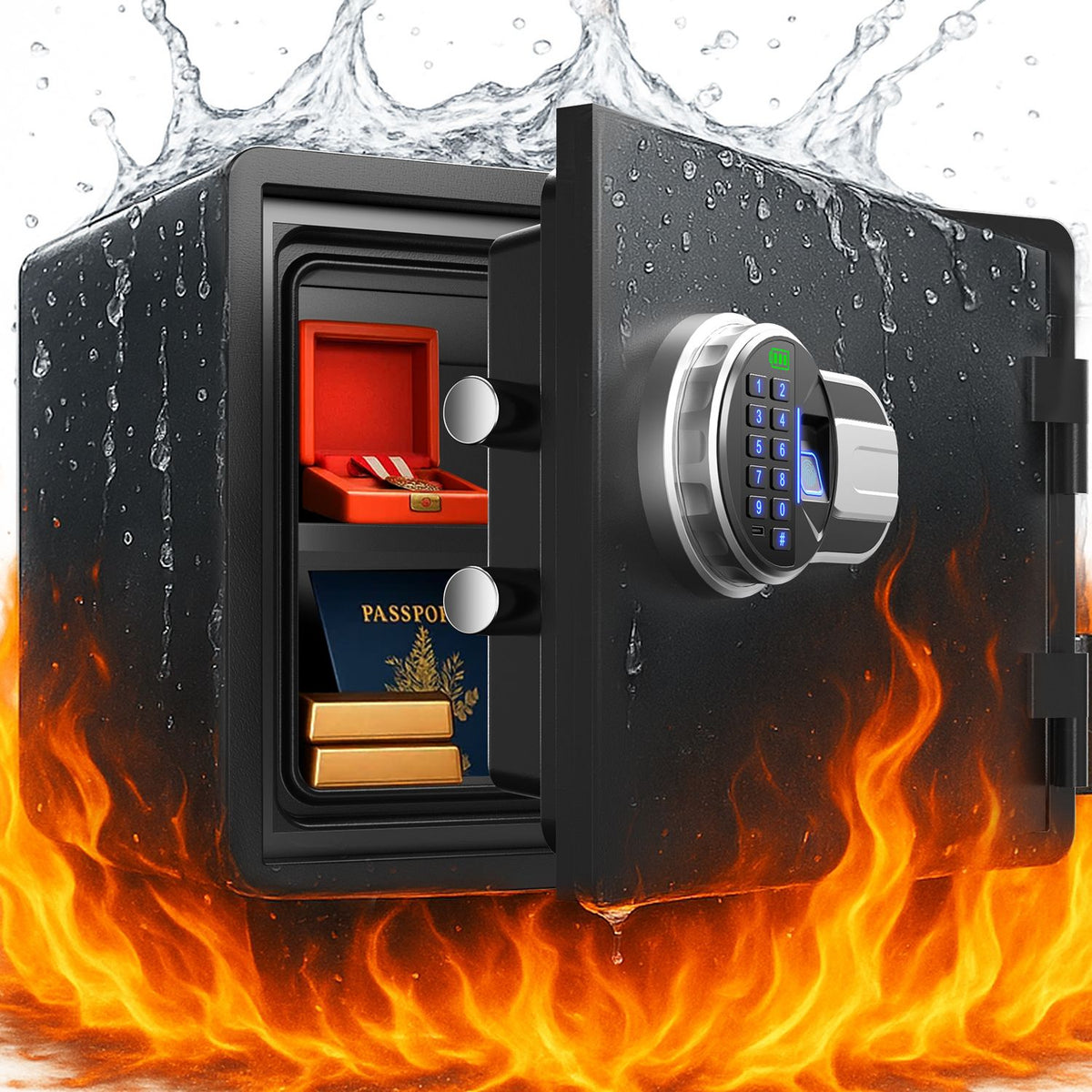 Fireproof and waterproof biometric safe,weighs 33 KG. Fire proof box for home,office,lock box,cabinet with fingerprint,silent mode,Anti-Theft