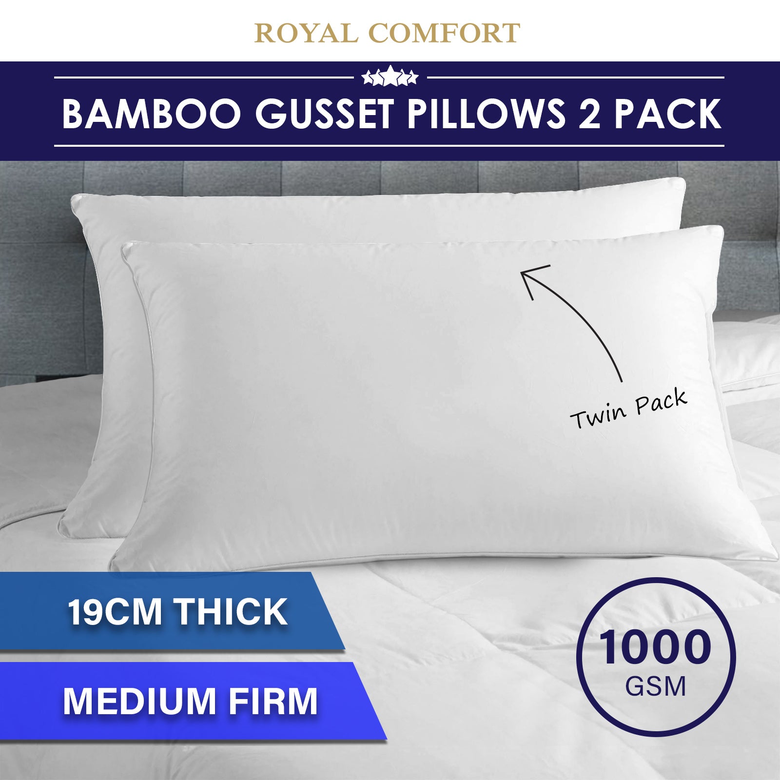 Pillows: Royal Comfort Luxury Bamboo Blend Gusset Pillow Twin Pack 4cm Gusset Support