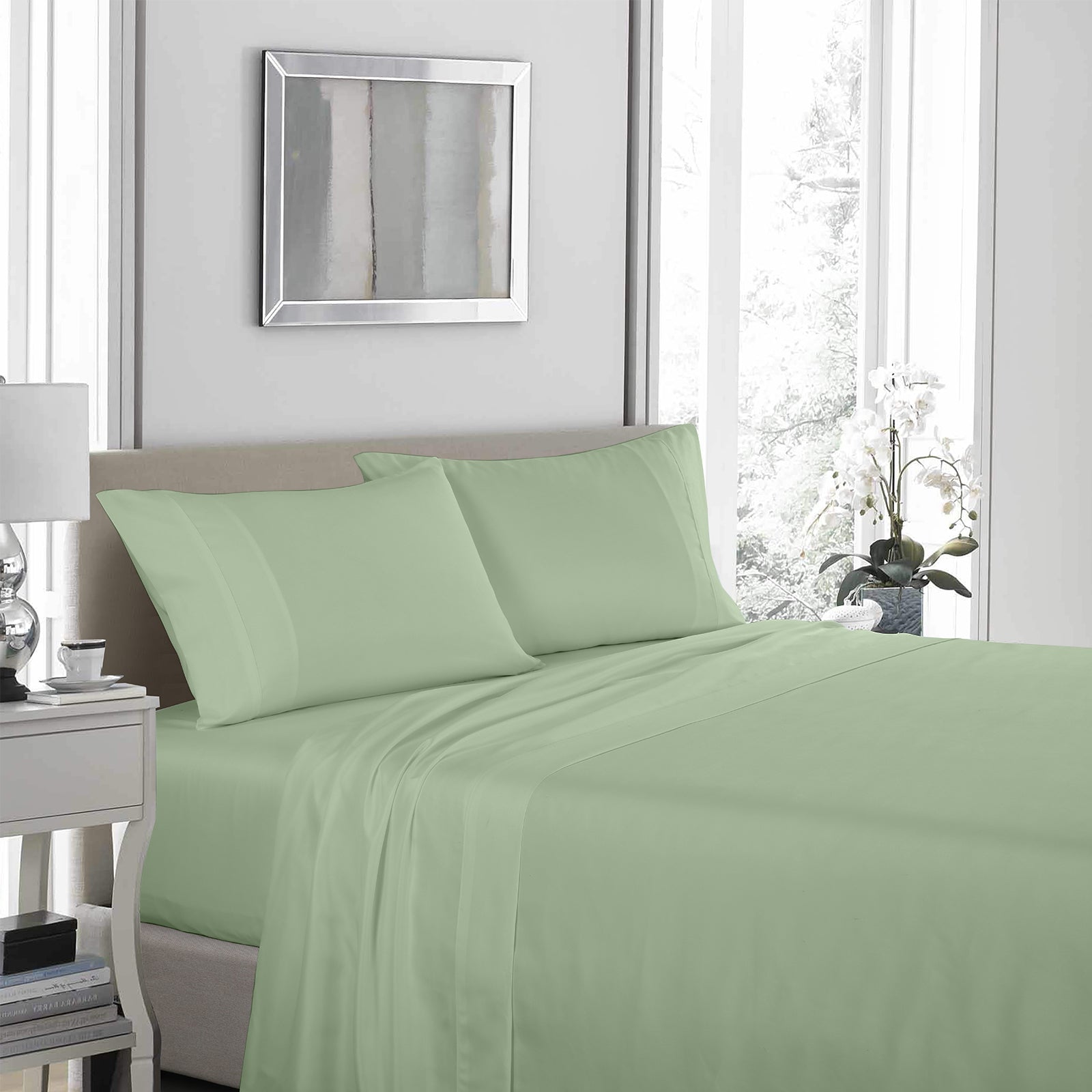 Bed Sheets: Royal Comfort 1200 Thread Count Sheet Set 4 Piece Ultra Soft Satin Weave Finish - Queen - Sage Green