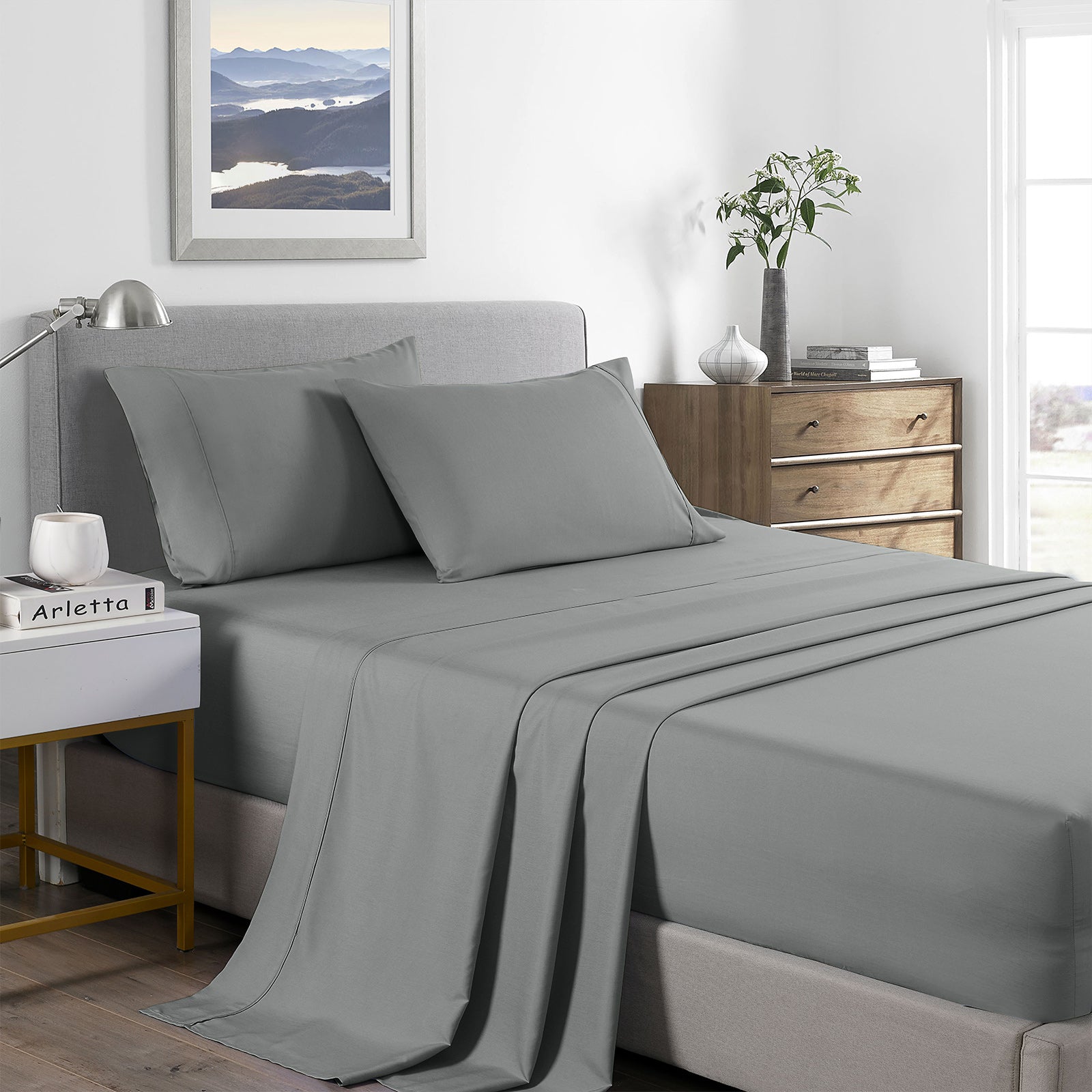 Bed Sheets: Royal Comfort 2000 Thread Count Bamboo Cooling Sheet Set Ultra Soft Bedding - Double - Mid Grey