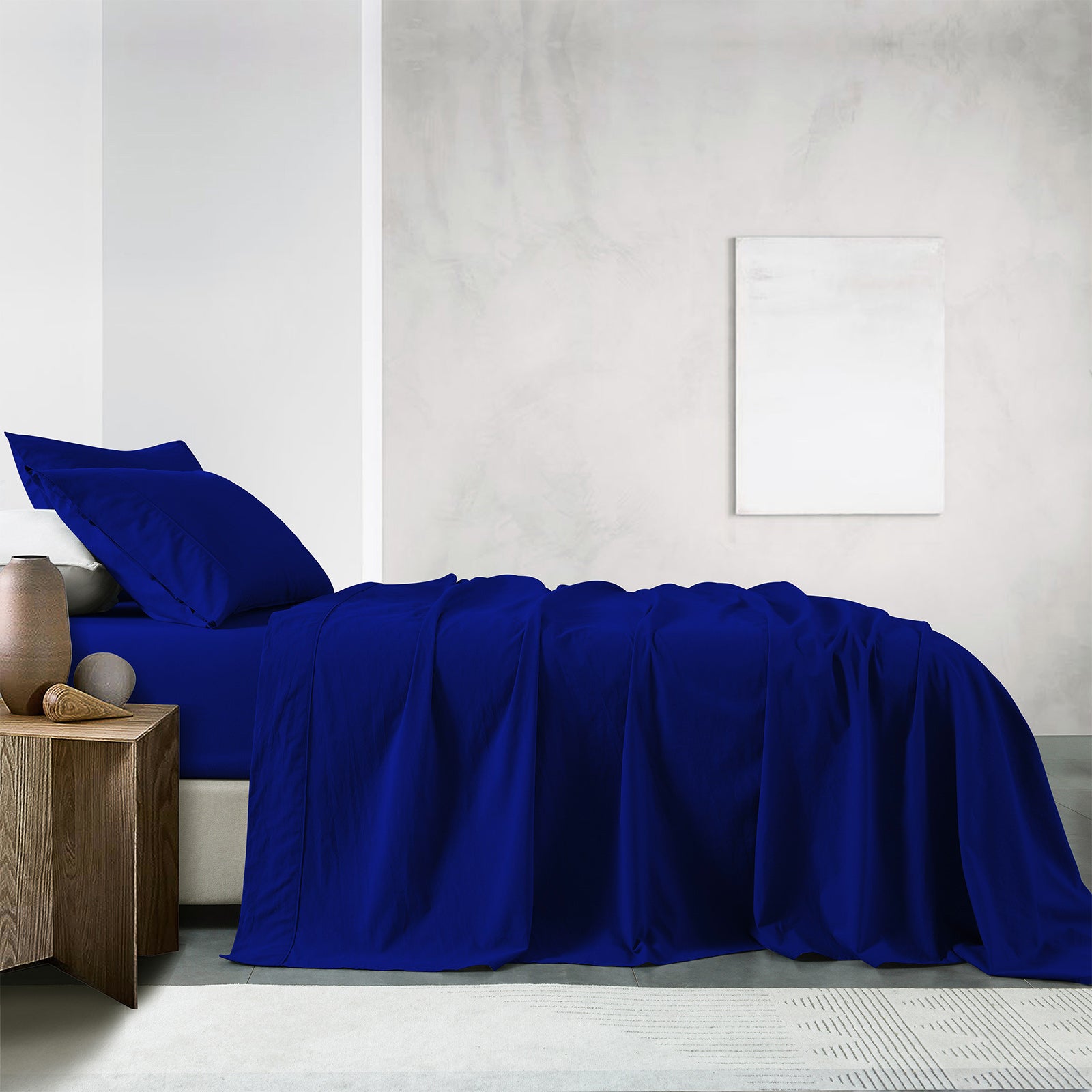 Bed Sheets: Royal Comfort Vintage Washed 100% Cotton Sheet Set Fitted Flat Sheet Pillowcases - Single - Royal Blue