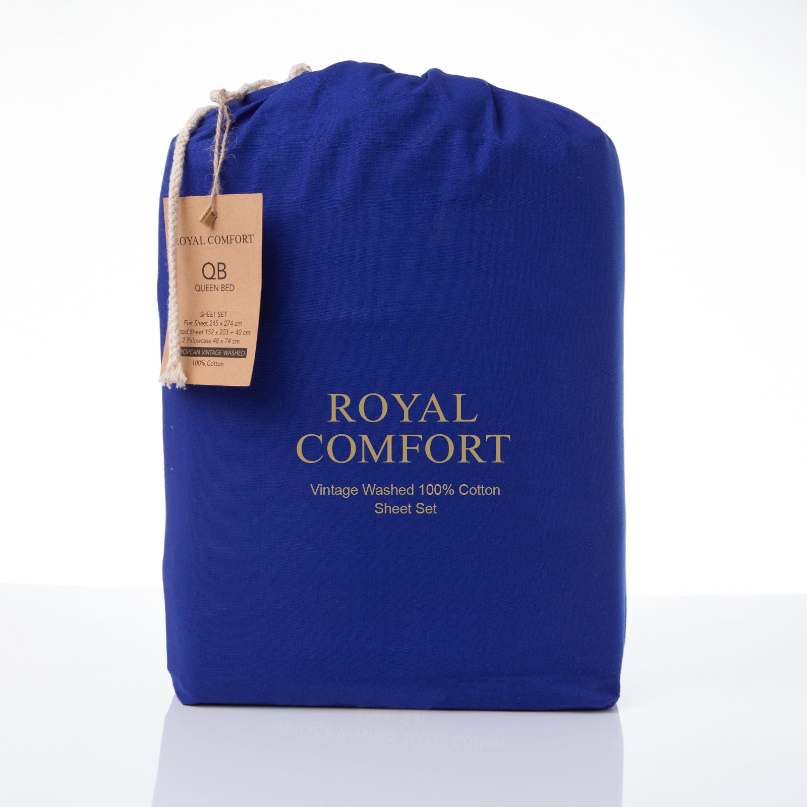 Bed Sheets: Royal Comfort Vintage Washed 100% Cotton Sheet Set Fitted Flat Sheet Pillowcases - Single - Royal Blue