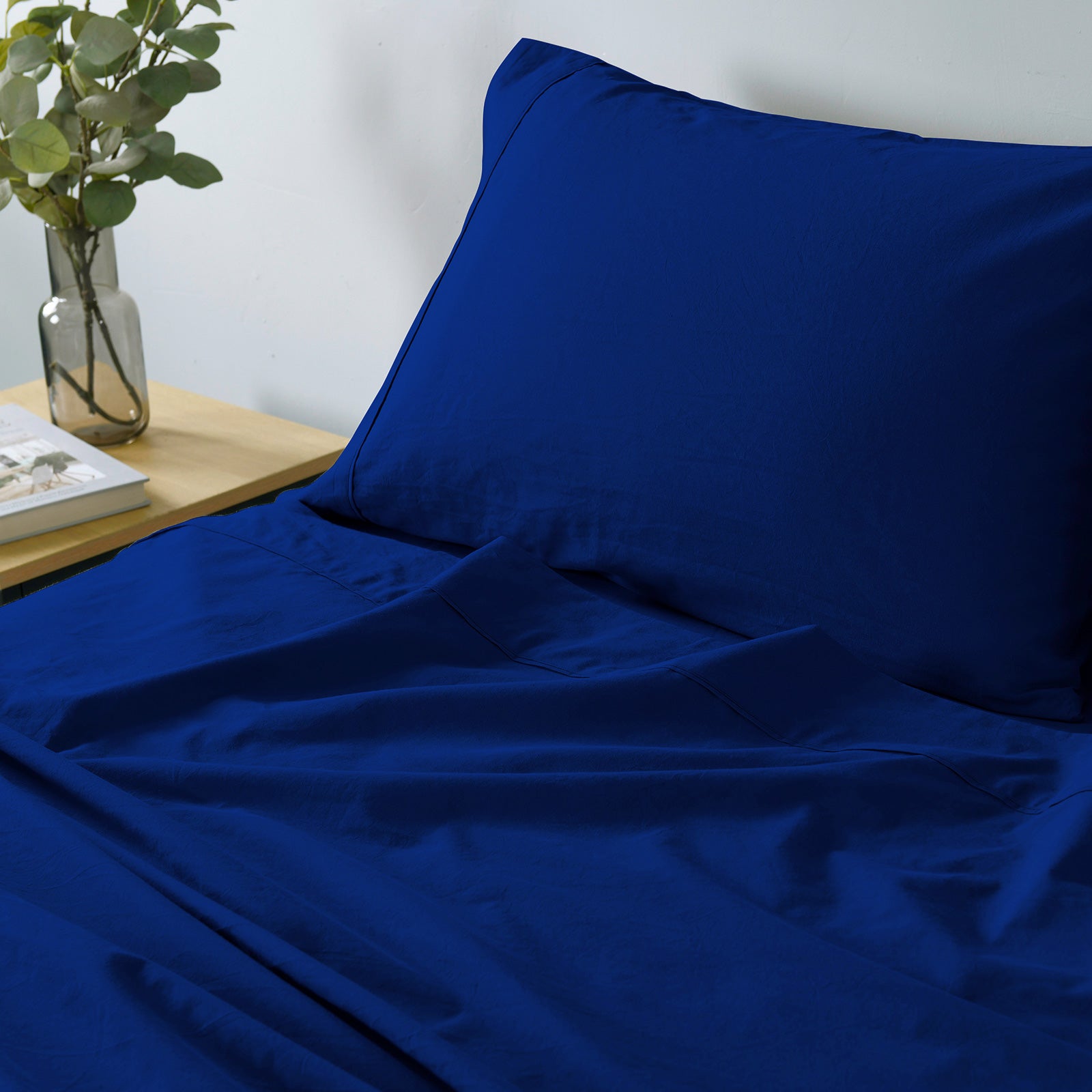 Bed Sheets: Royal Comfort Vintage Washed 100% Cotton Sheet Set Fitted Flat Sheet Pillowcases - Single - Royal Blue