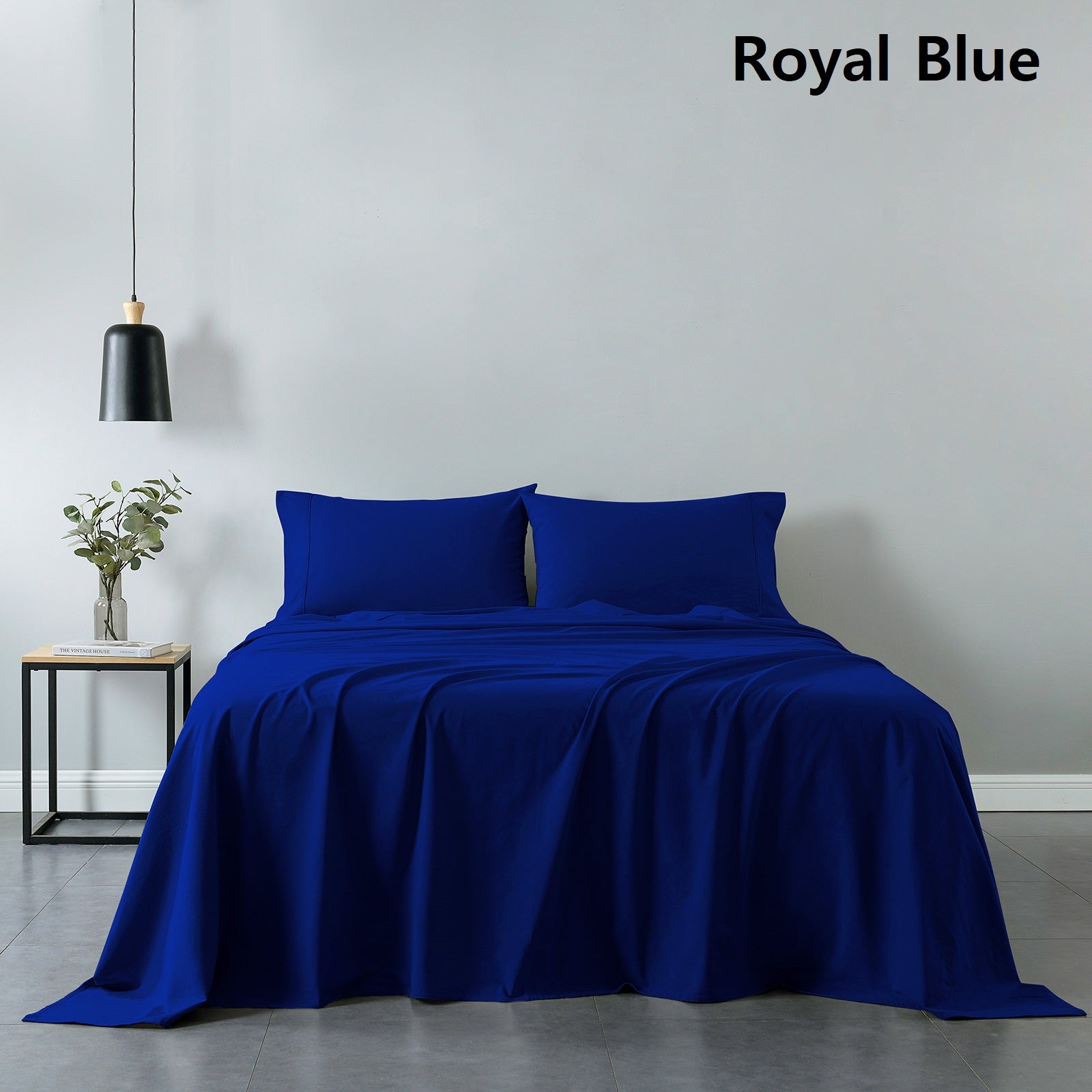 Bed Sheets: Royal Comfort Vintage Washed 100% Cotton Sheet Set Fitted Flat Sheet Pillowcases - Single - Royal Blue