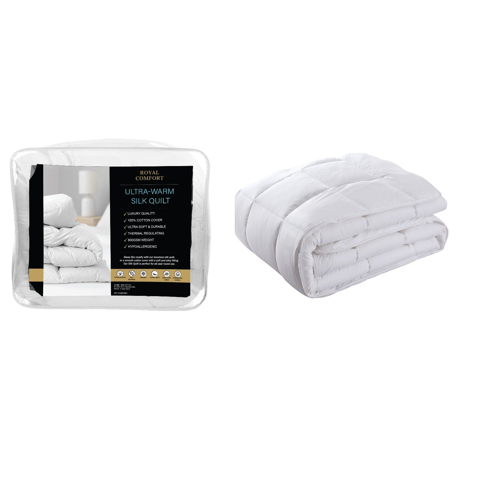 Quilts & Duvets: Royal Comfort 800GSM Silk Blend Quilt Duvet Ultra Warm Winter Weight  - Single - White