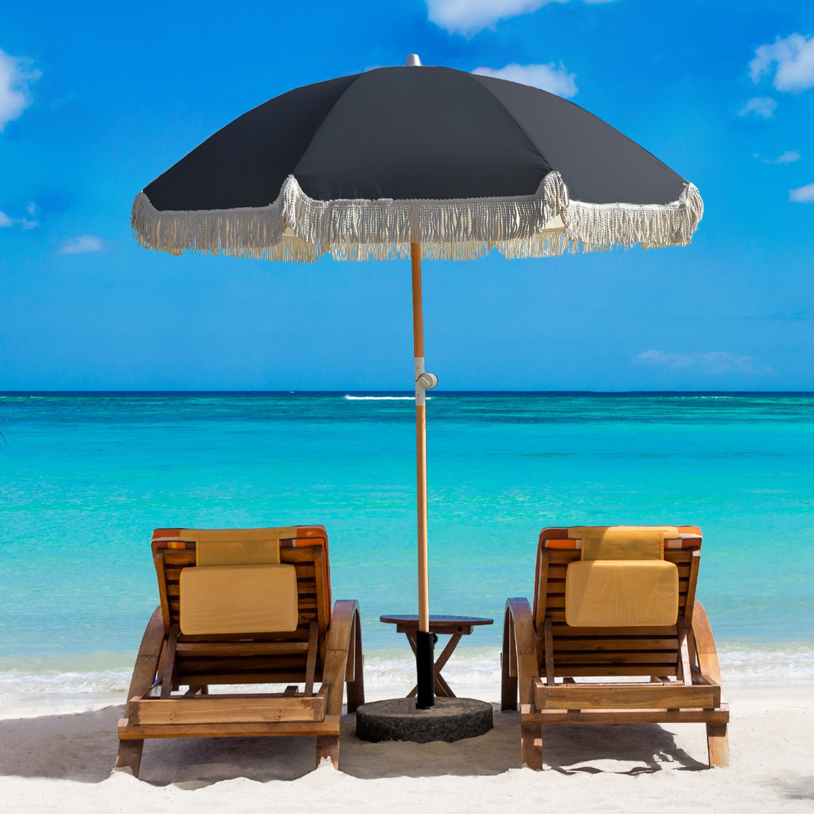 Umbrellas & Sunshades: Havana Outdoors Beach Umbrella Portable 2 Metre Fringed Garden Sun Shade Shelter - Black