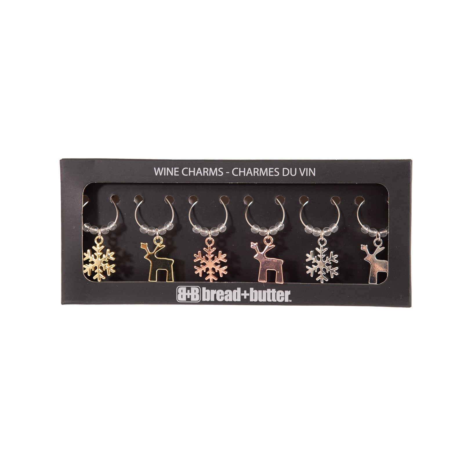 Christmas Decorations: Bread and Butter (3) Snowflake and (3) Reindeer Wie Glass Charms - 6 Pack
