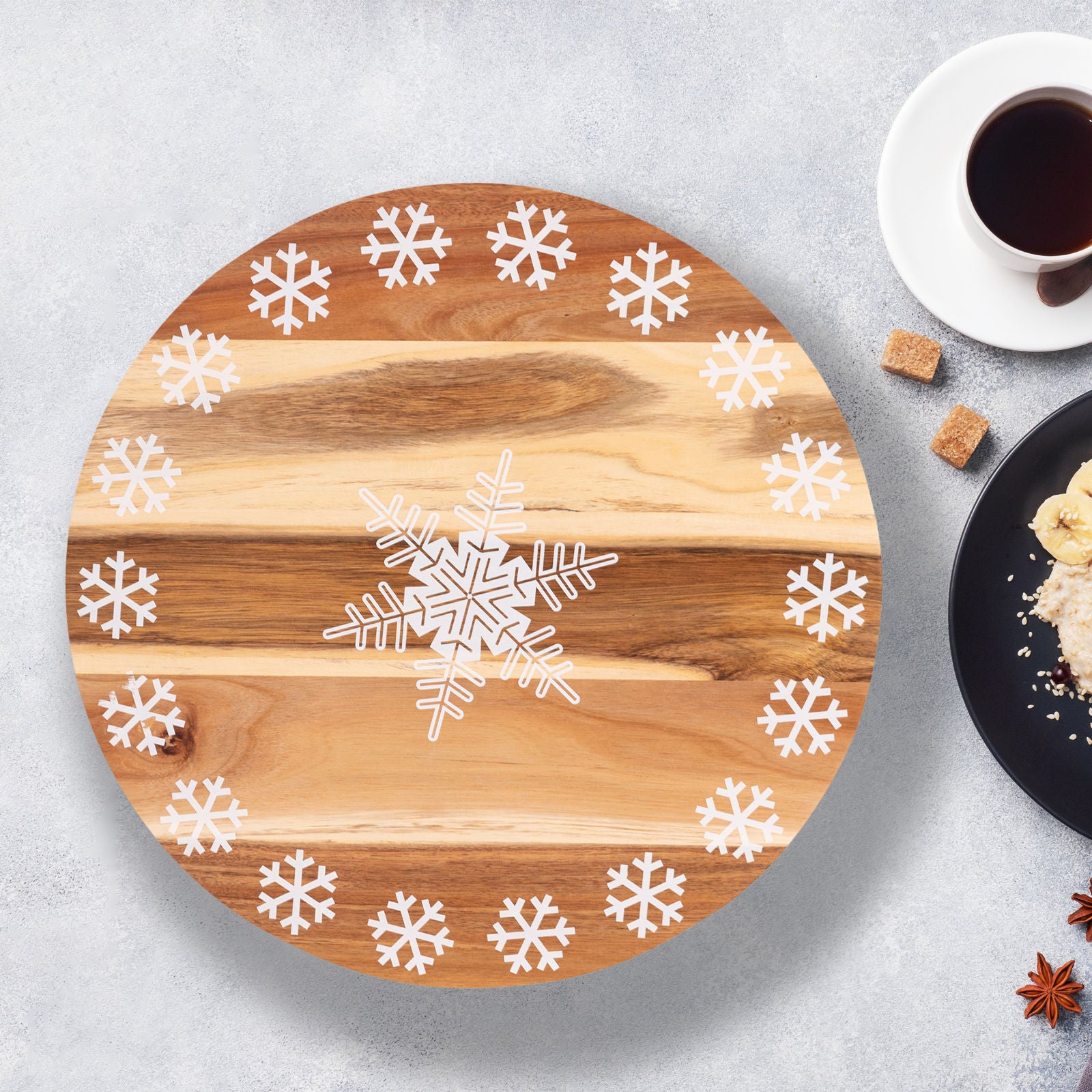 Christmas Decorations: Bread and Butter 18 Inch Print Wooden Lazy Susan Tray - White Snowflake