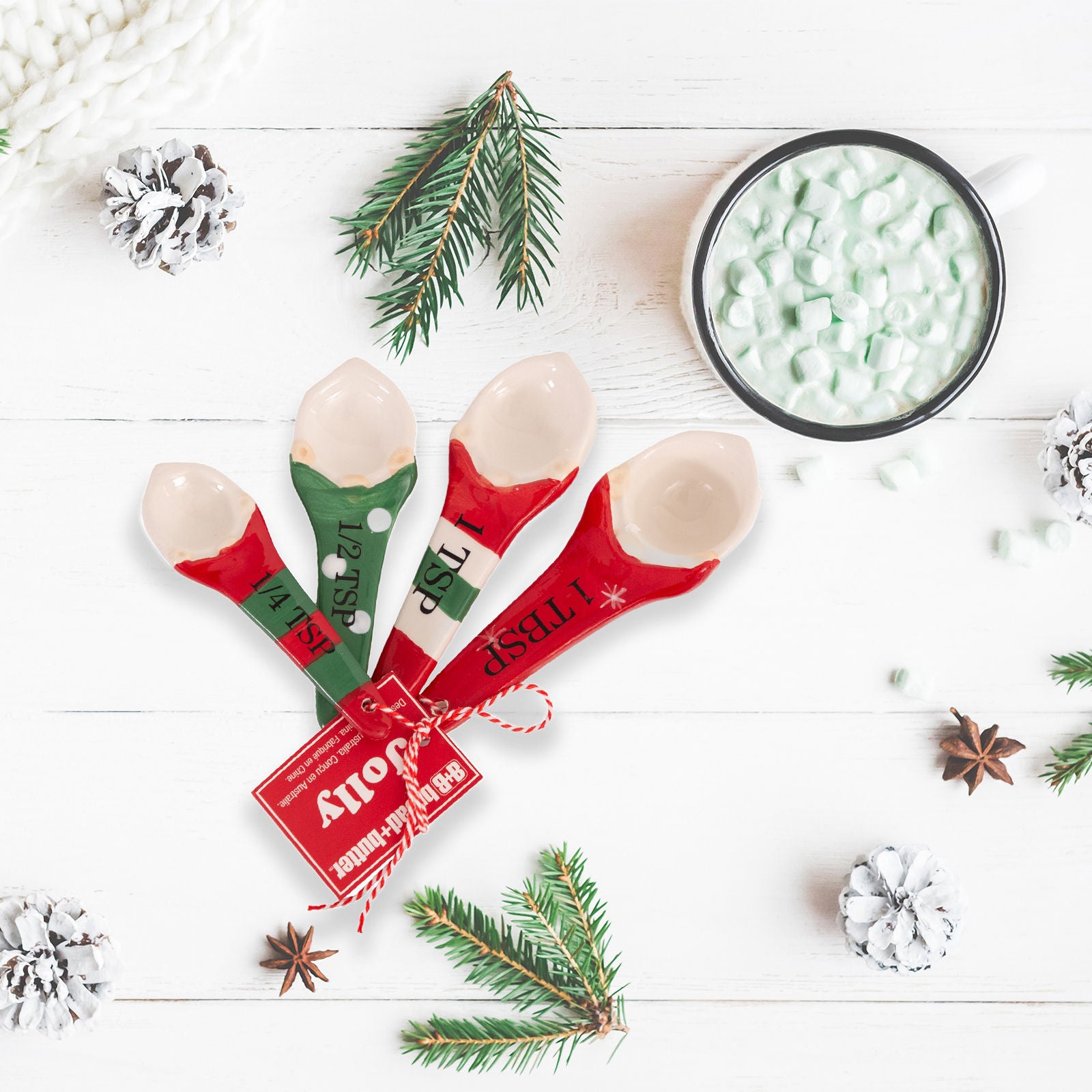 Christmas Decorations: Bread and Butter Gnome Measuring Spoons - 4 Pack - Green/ Red/ White