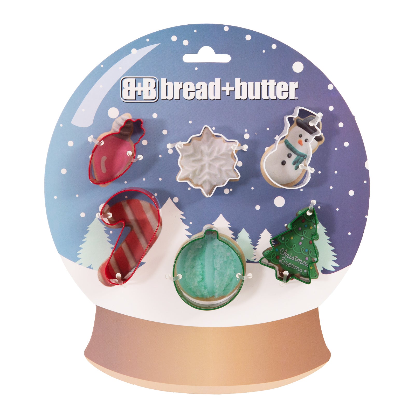 Christmas Decorations: Bread and Butter Cookie Cutter - Globe, Flake, SnowMan, Cane, Sock, Tree - 6 Pk