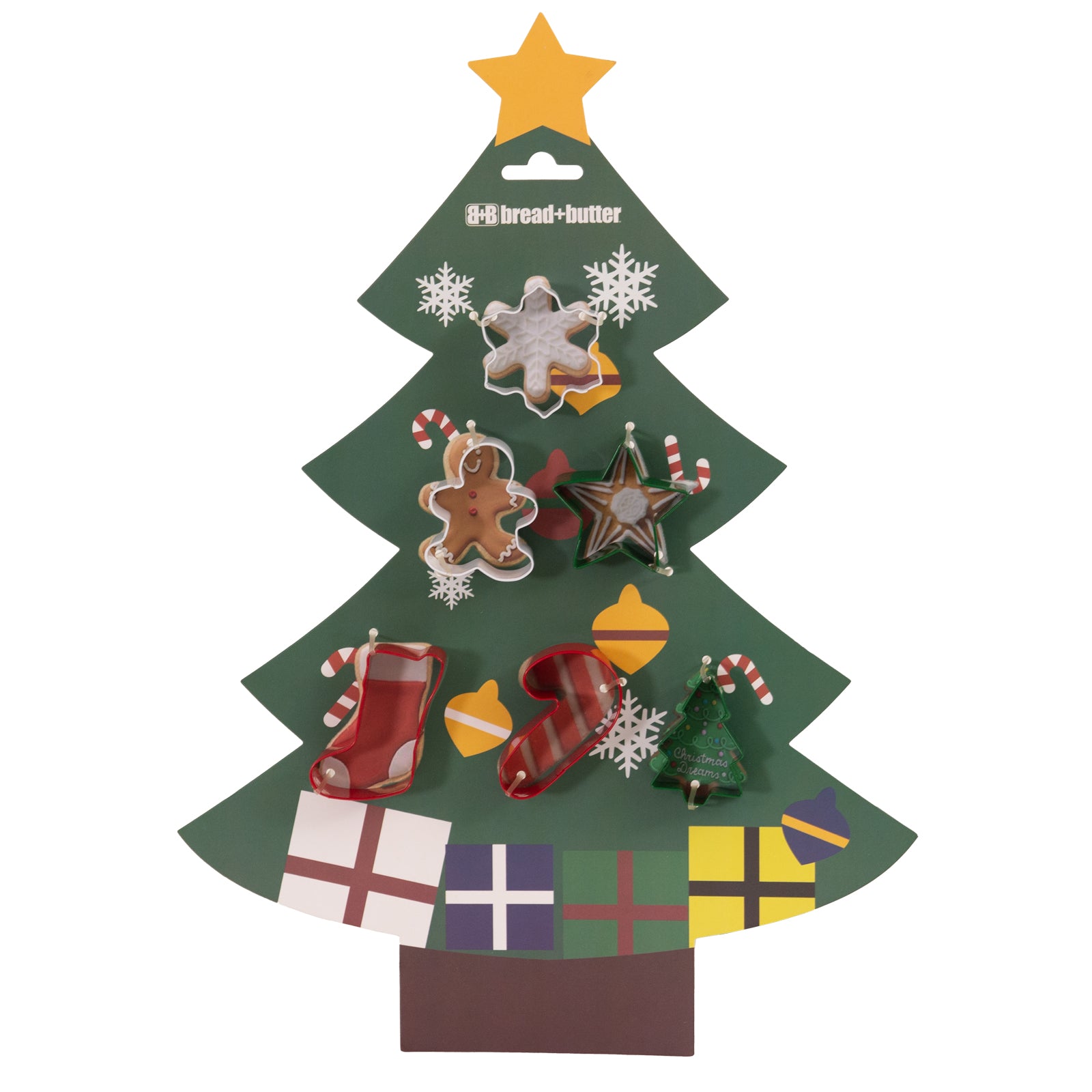 Christmas Decorations: Bread and Butter Cookie Cutter Set - Tree, Sock, Gman, flake, Star, Candy - 6 Pk