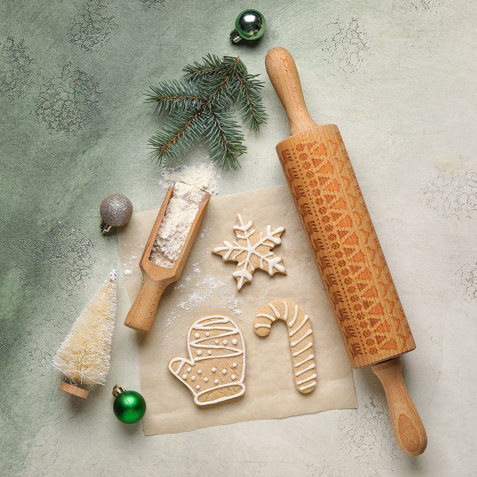 Christmas Decorations: Bread and Butter Laser Etch Wooden Rolling Pin - Fairisle