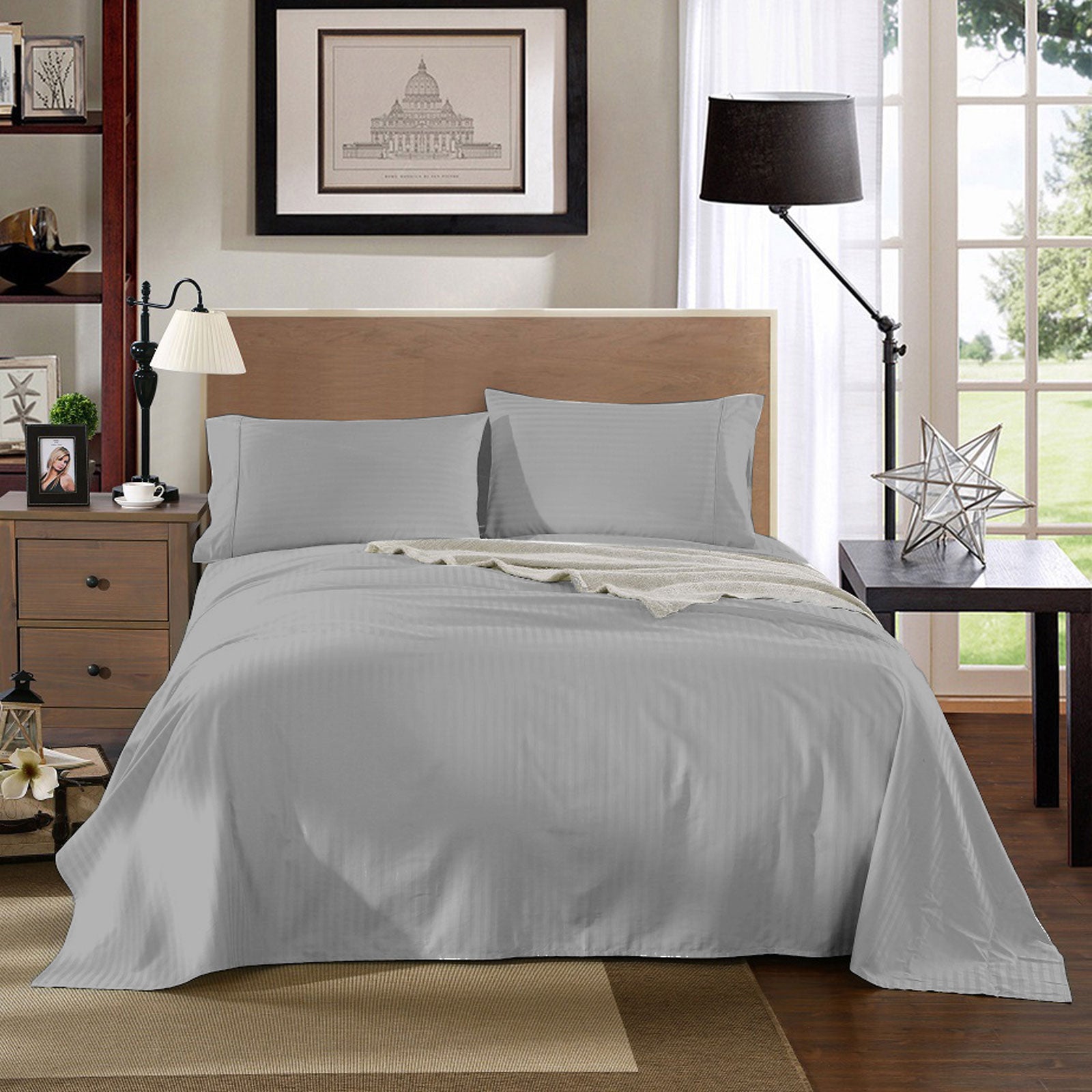 Bed Sheets: Kensington 1200 Thread Count 100% Egyptian Cotton Sheet Set Stripe Hotel Grade - Queen - Silver