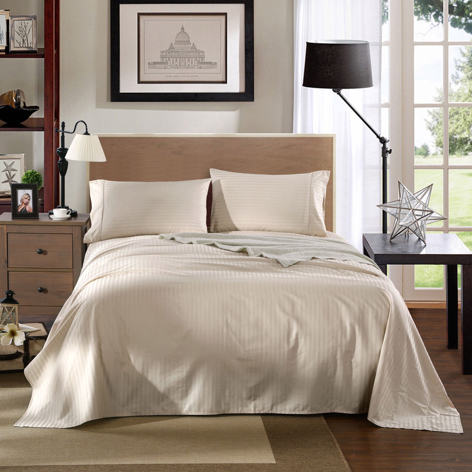 Bed Sheets: Kensington 1200 Thread Count 100% Egyptian Cotton Sheet Set Stripe Hotel Grade - King - Sand