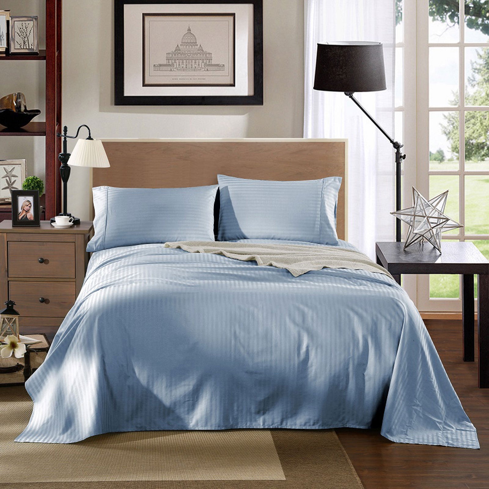Bed Sheets: Kensington 1200 Thread Count 100% Egyptian Cotton Sheet Set Stripe Hotel Grade - King - Chambray