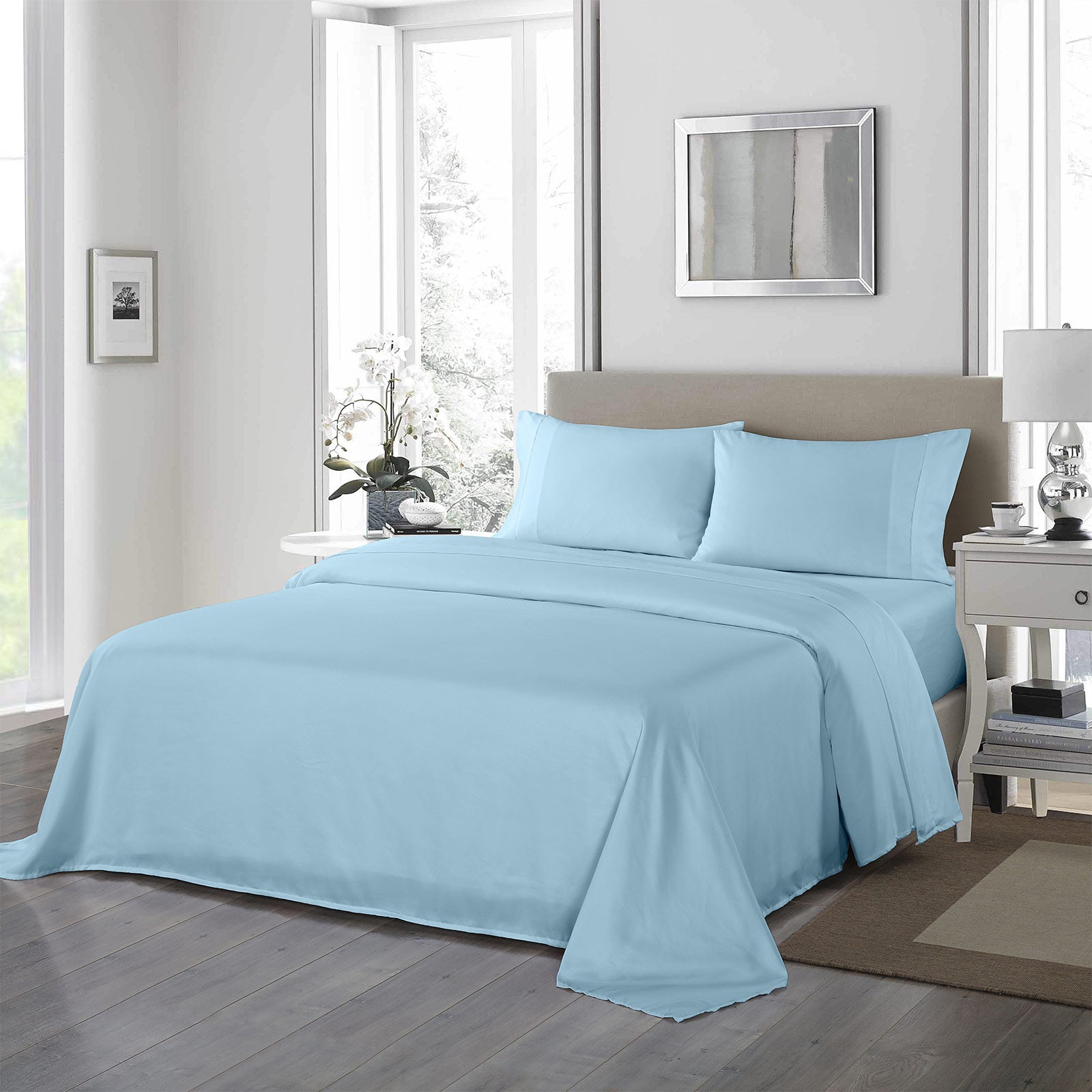 Bed Sheets: Royal Comfort 1200 Thread Count Sheet Set 4 Piece Ultra Soft Satin Weave Finish - Double - Sky Blue