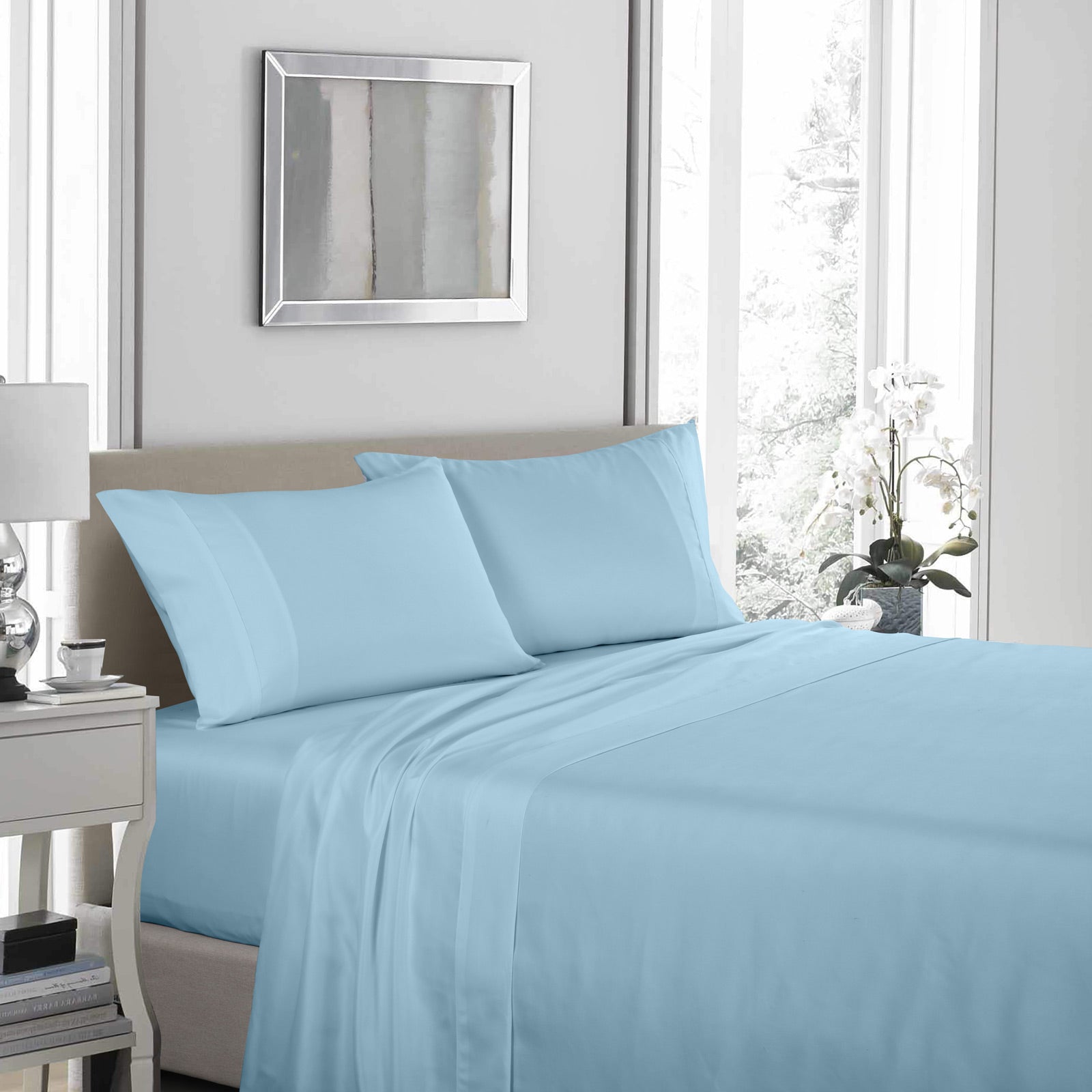 Bed Sheets: Royal Comfort 1200 Thread Count Sheet Set 4 Piece Ultra Soft Satin Weave Finish - Double - Sky Blue