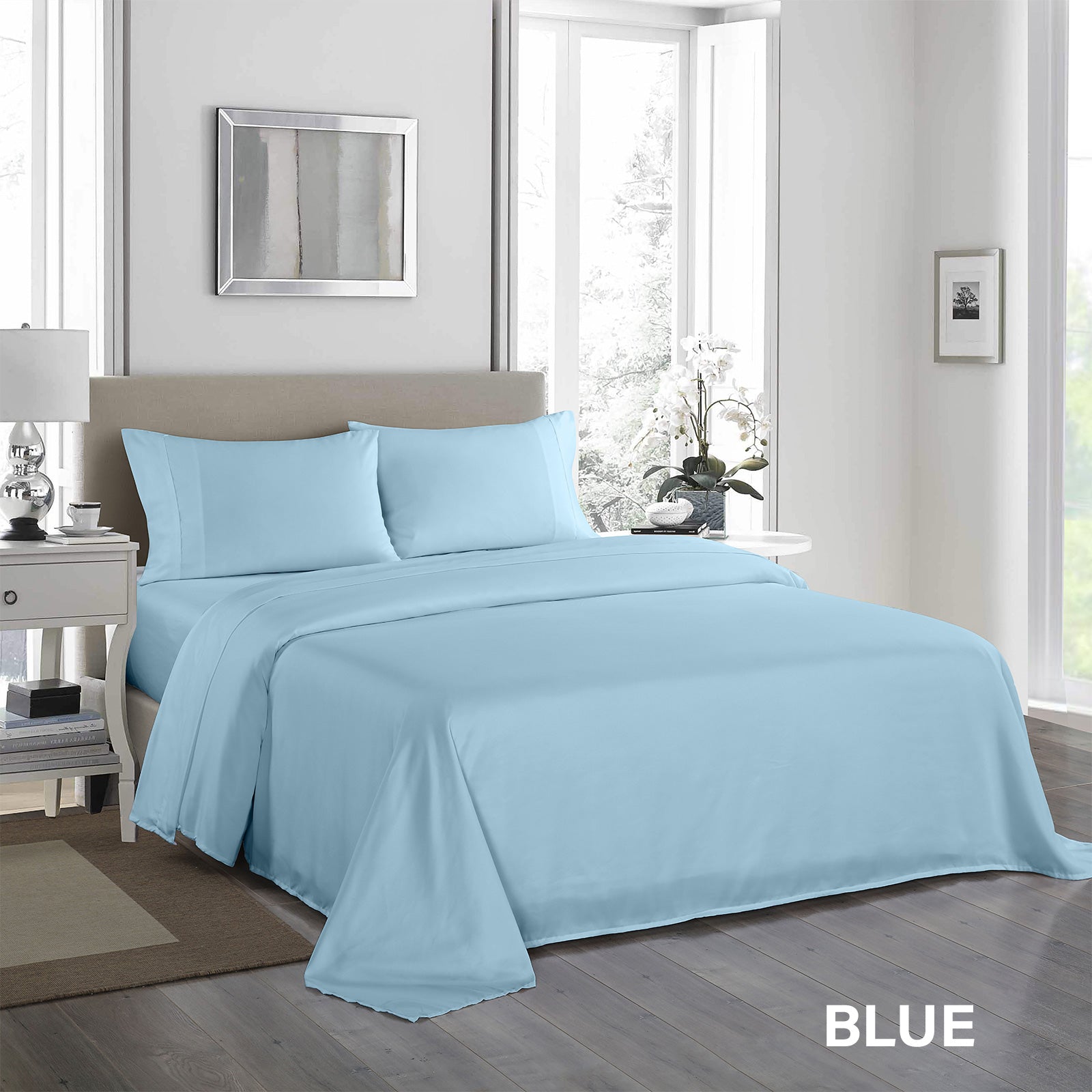 Bed Sheets: Royal Comfort 1200 Thread Count Sheet Set 4 Piece Ultra Soft Satin Weave Finish - Double - Sky Blue