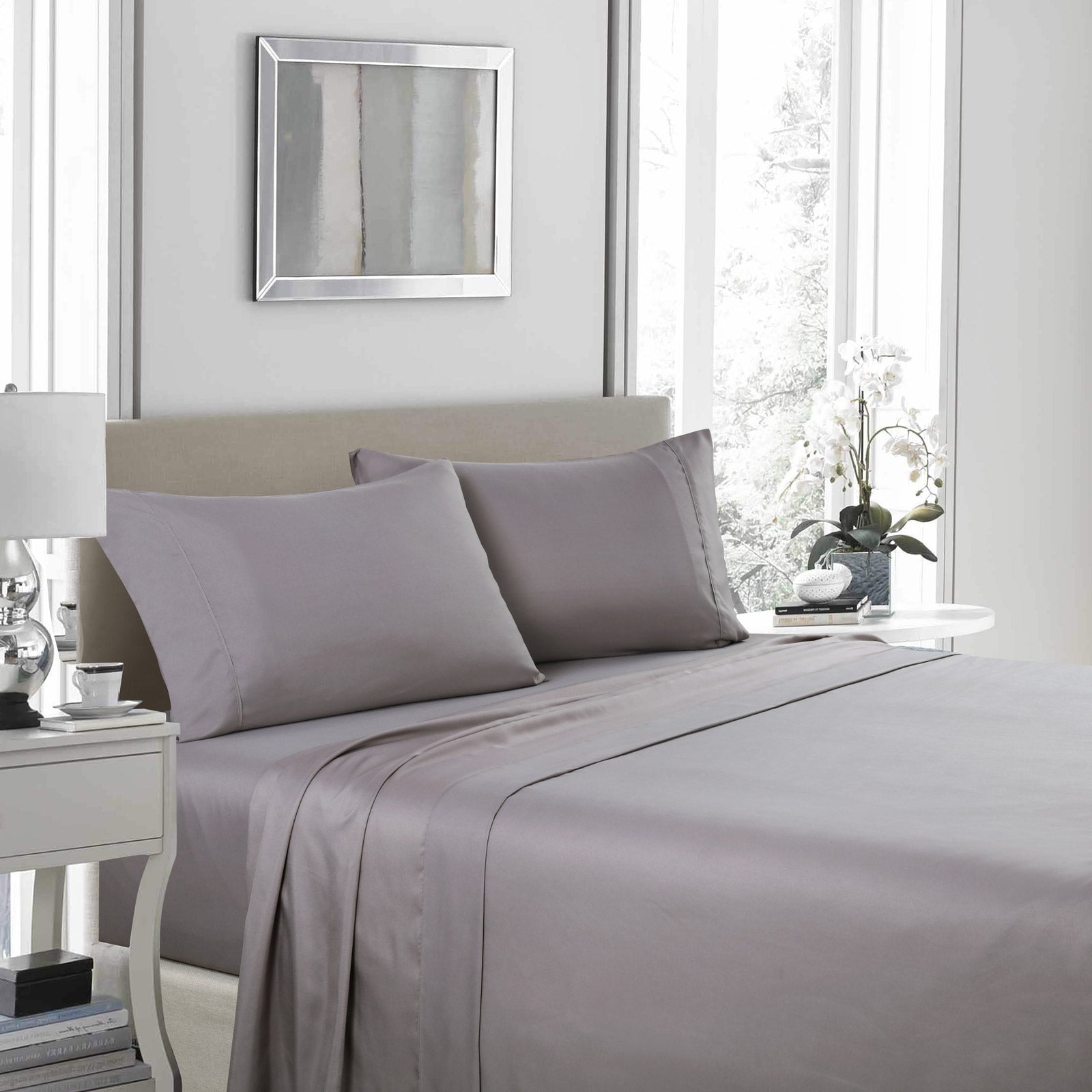 Bed Sheets: Royal Comfort 1200 Thread Count Sheet Set 4 Piece Ultra Soft Satin Weave Finish - Queen - Charcoal