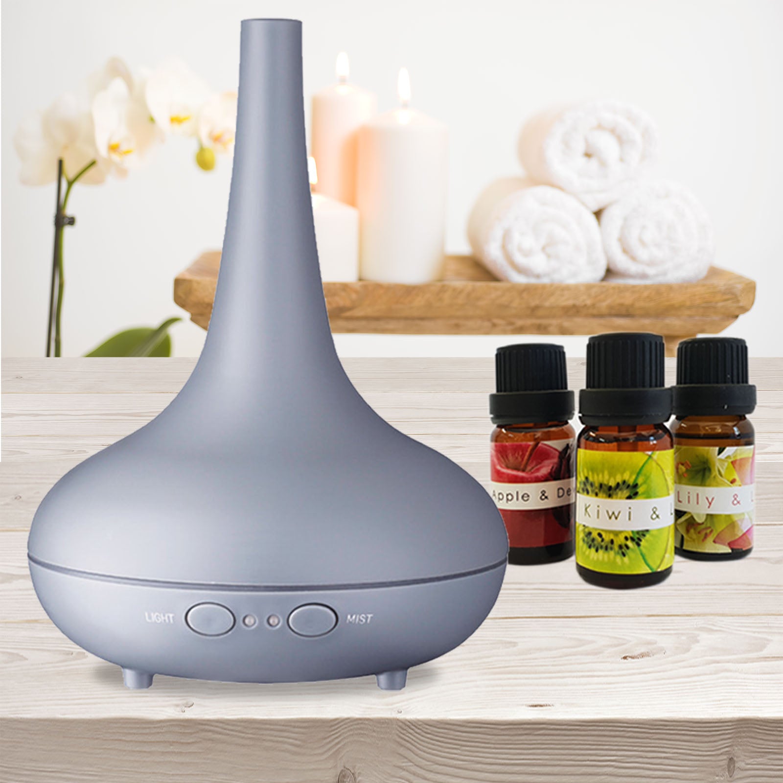 Aroma Diffusers: Essential Oil Diffuser Ultrasonic Humidifier Aromatherapy LED Light 200ML 3 Oils - Matte Grey