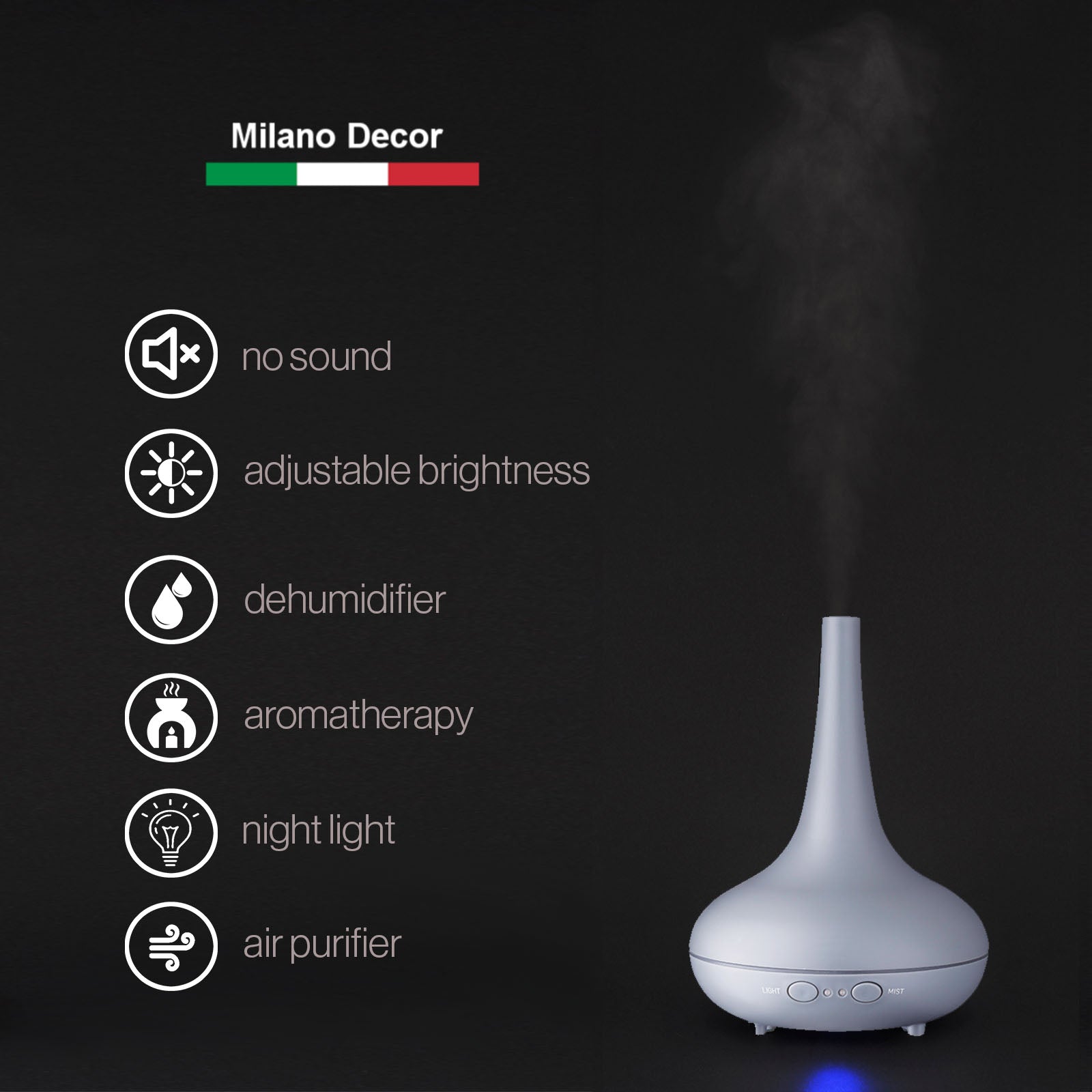 Aroma Diffusers: Essential Oil Diffuser Ultrasonic Humidifier Aromatherapy LED Light 200ML 3 Oils - Matte Grey