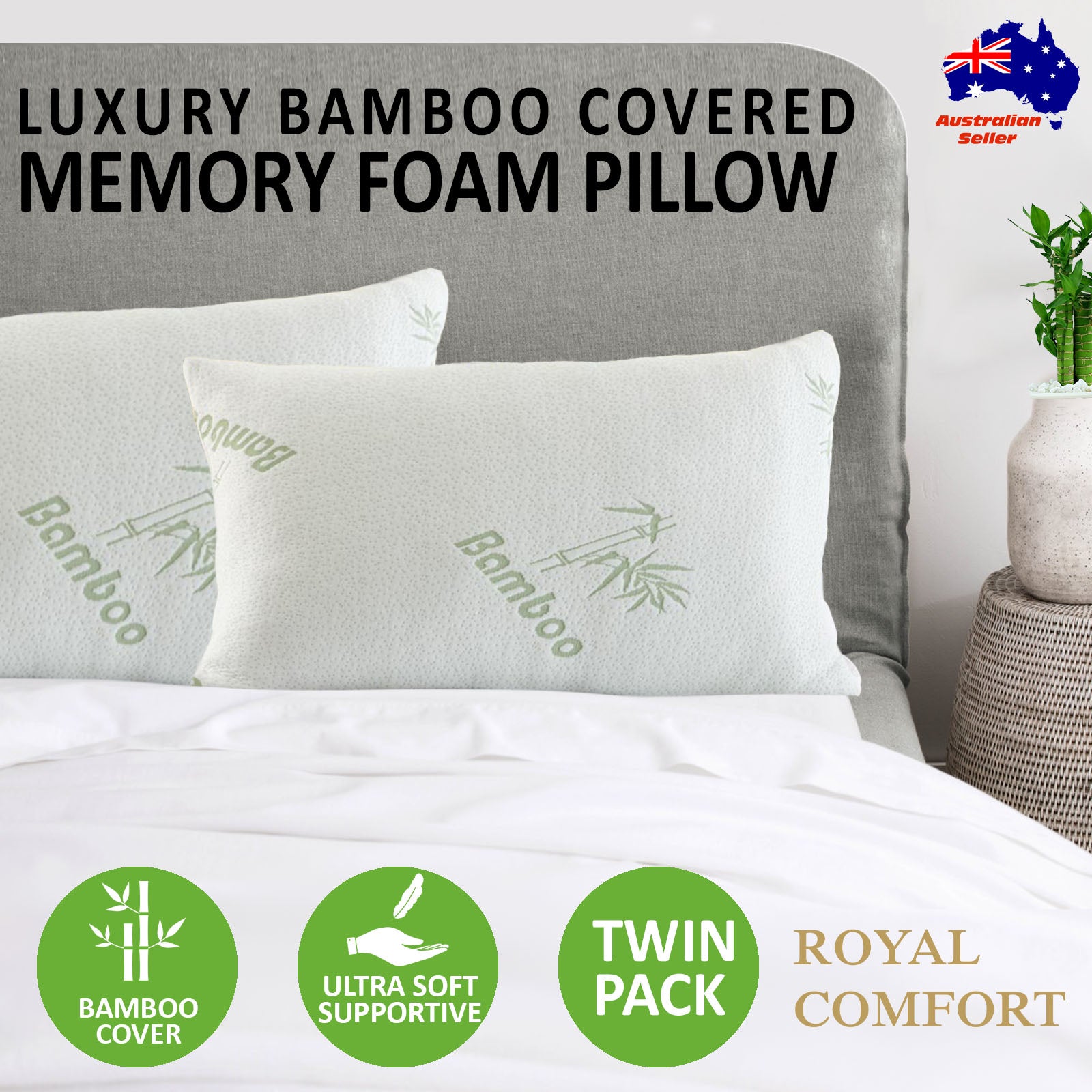Pillows: Royal Comfort Luxury Bamboo Covered Memory Foam Pillow Twin Pack Hypoallergenic
