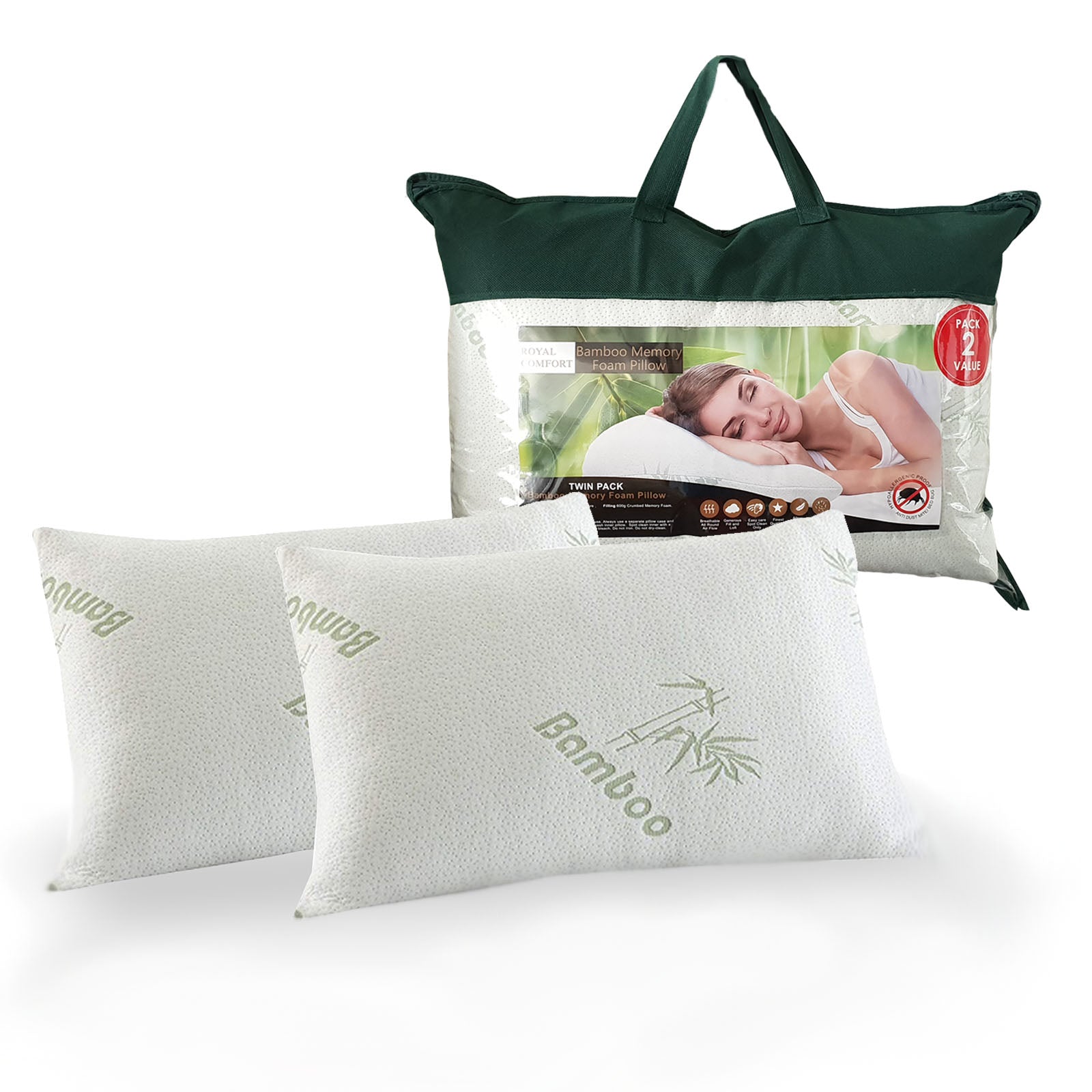 Pillows: Royal Comfort Luxury Bamboo Covered Memory Foam Pillow Twin Pack Hypoallergenic