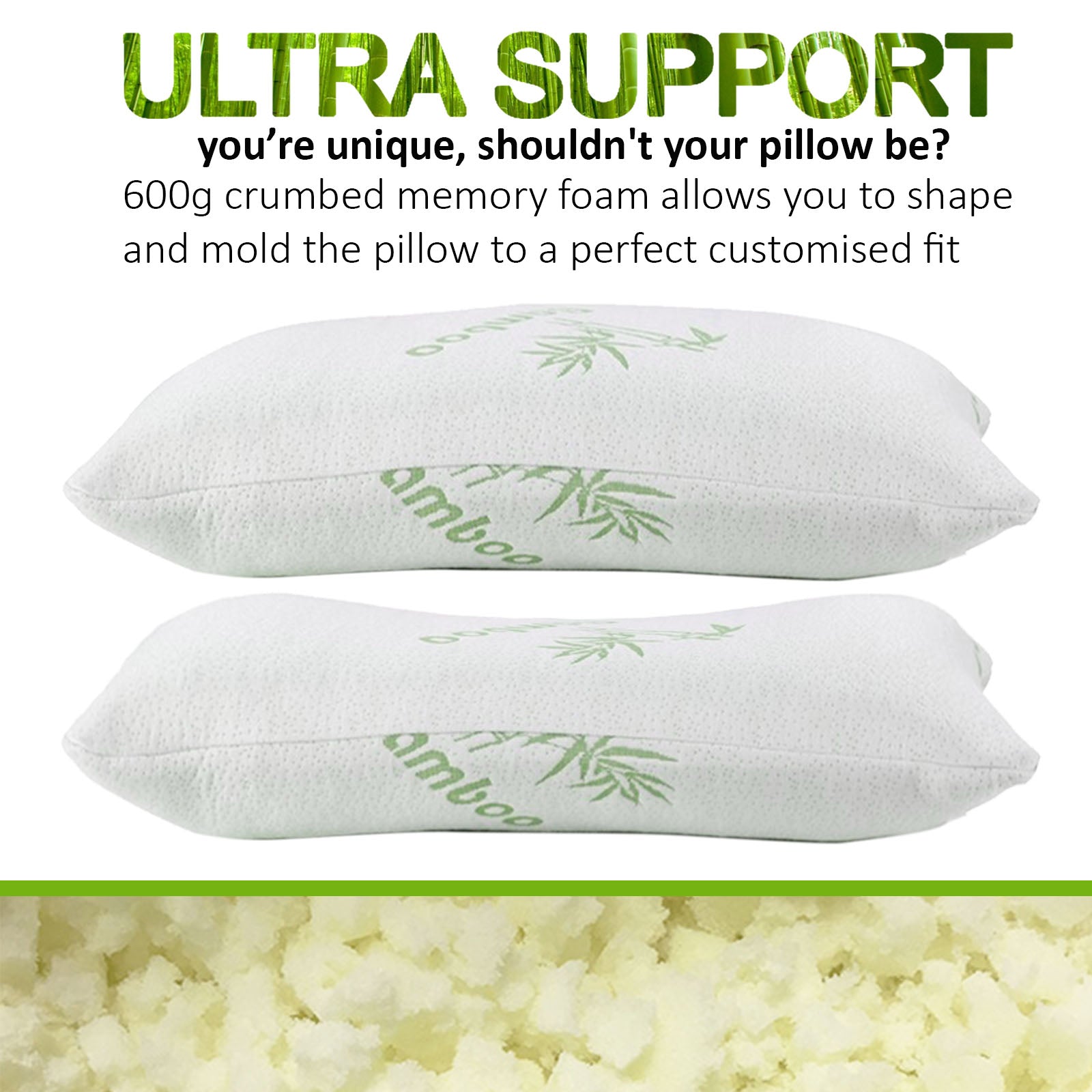 Pillows: Royal Comfort Luxury Bamboo Covered Memory Foam Pillow Twin Pack Hypoallergenic