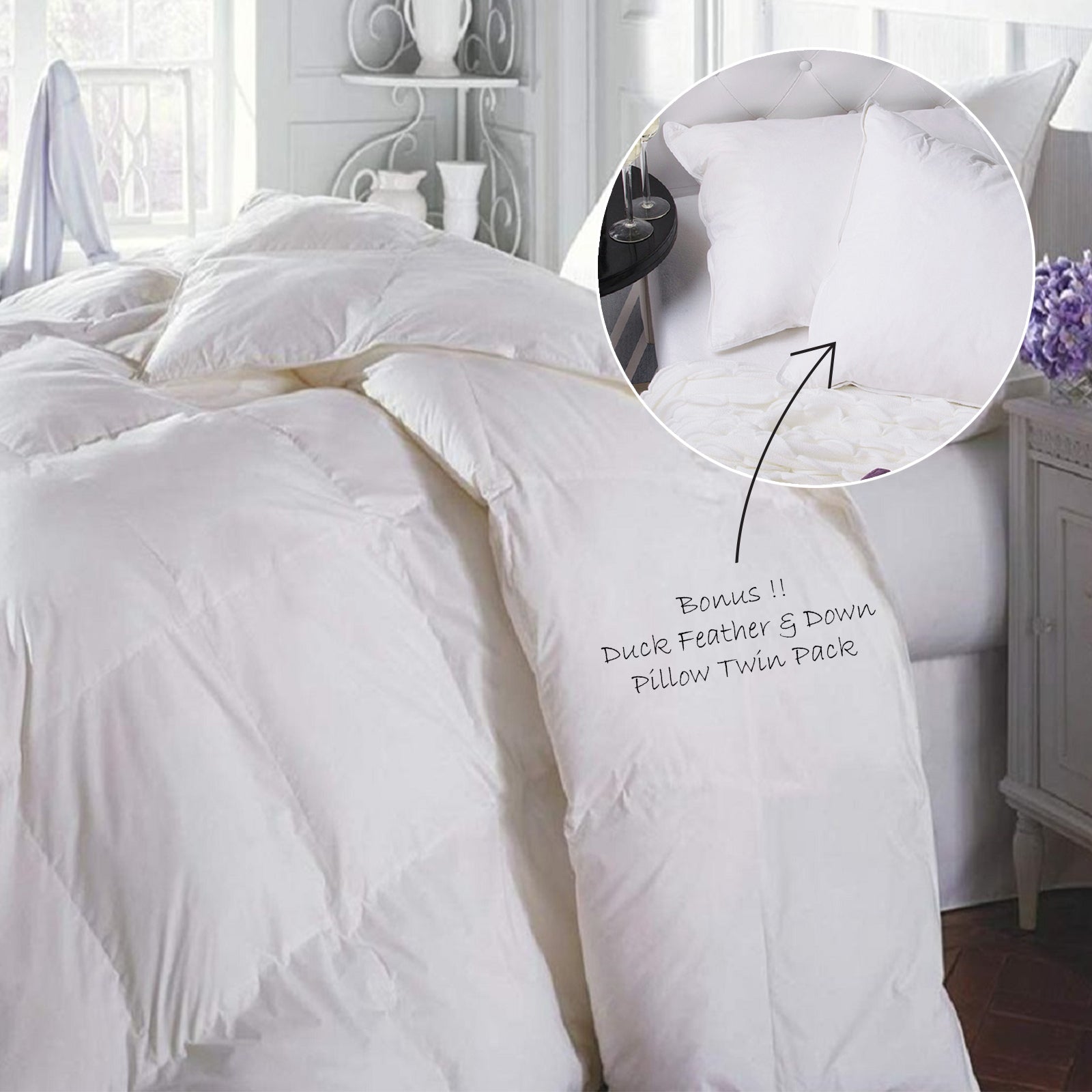 Pillows: Duck Feather & Down Quilt 500GSM + Duck Feather and Down Pillows 2 Pack Combo - Double - White