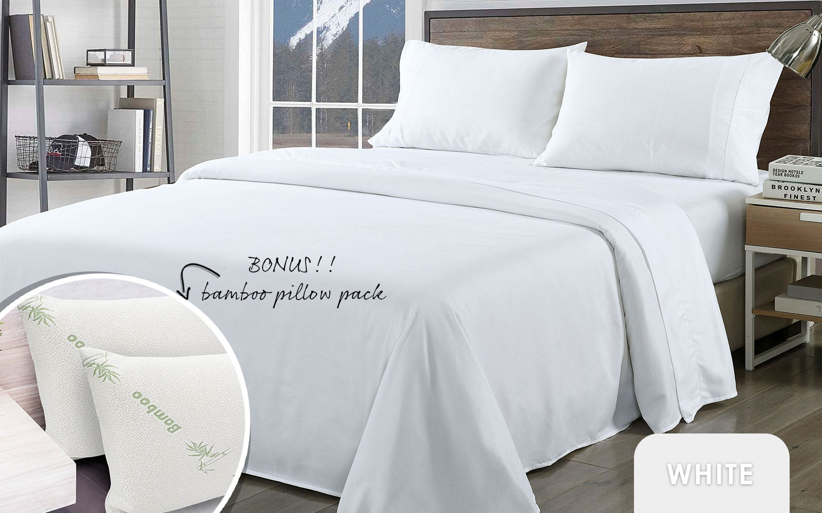 Bed Sheets: Royal Comfort Bamboo Blend Sheet Set 1000TC and Bamboo Pillows 2 Pack Ultra Soft - Queen - White