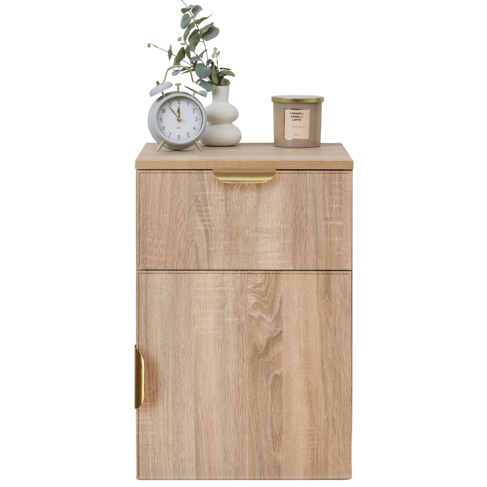 Kitchen & Dining Trolleys: PORTO BEDSIDE TABLE - NATURAL OAK - SLIM - PULL BRASS