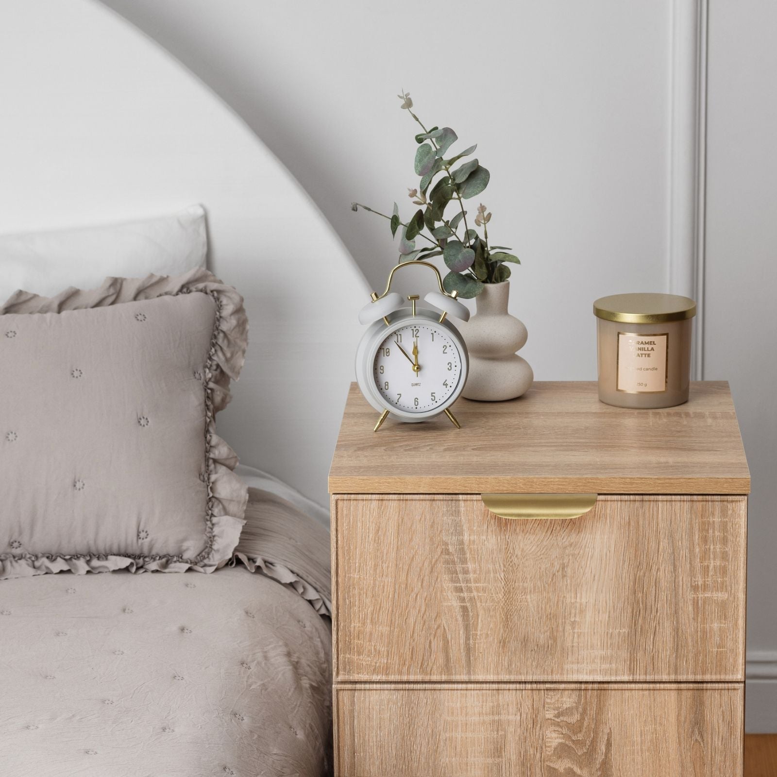Kitchen & Dining Trolleys: PORTO BEDSIDE TABLE - NATURAL OAK - SLIM - PULL BRASS