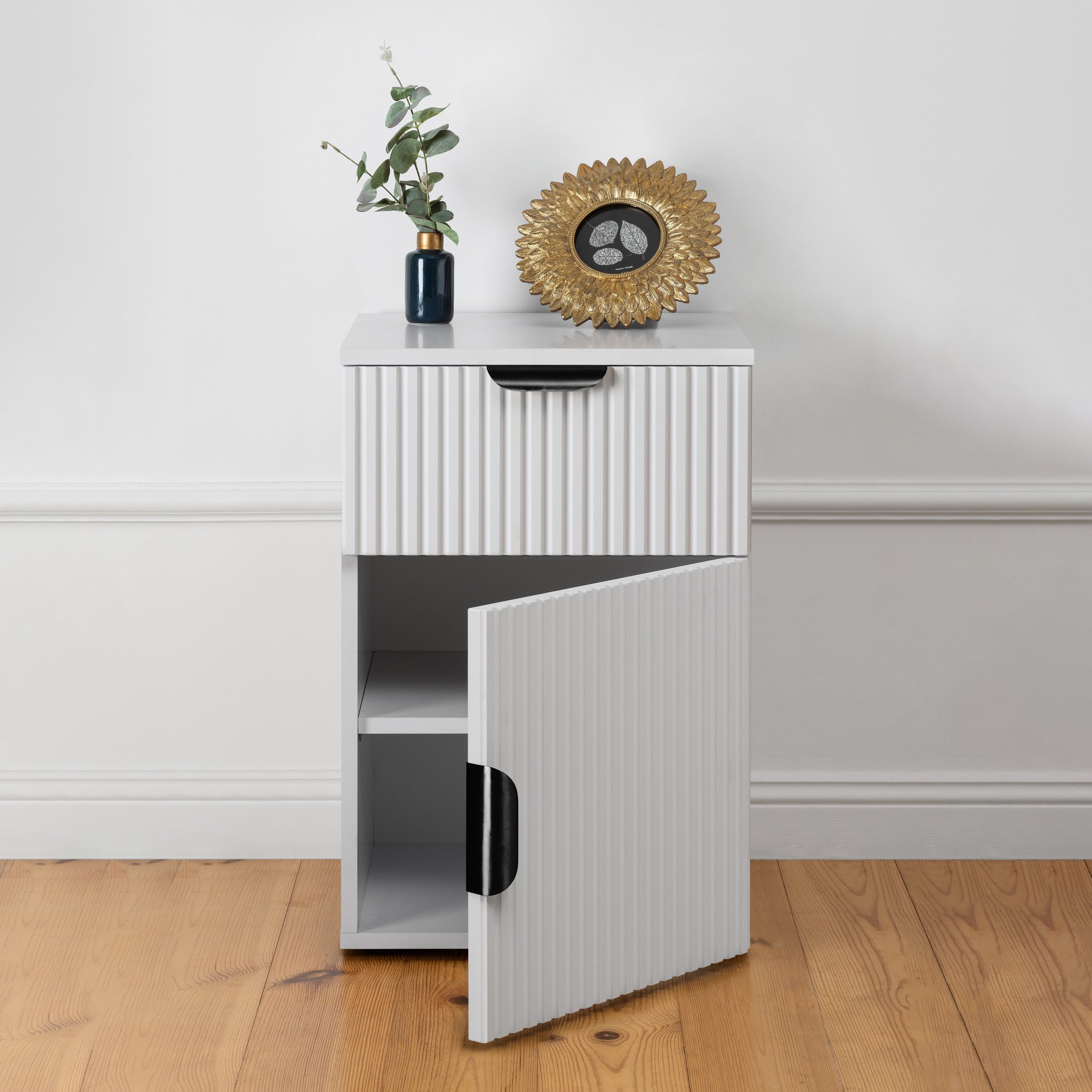 Kitchen & Dining Trolleys: PORTO BEDSIDE TABLE - WHITE - FLUTED - PULL BLACK