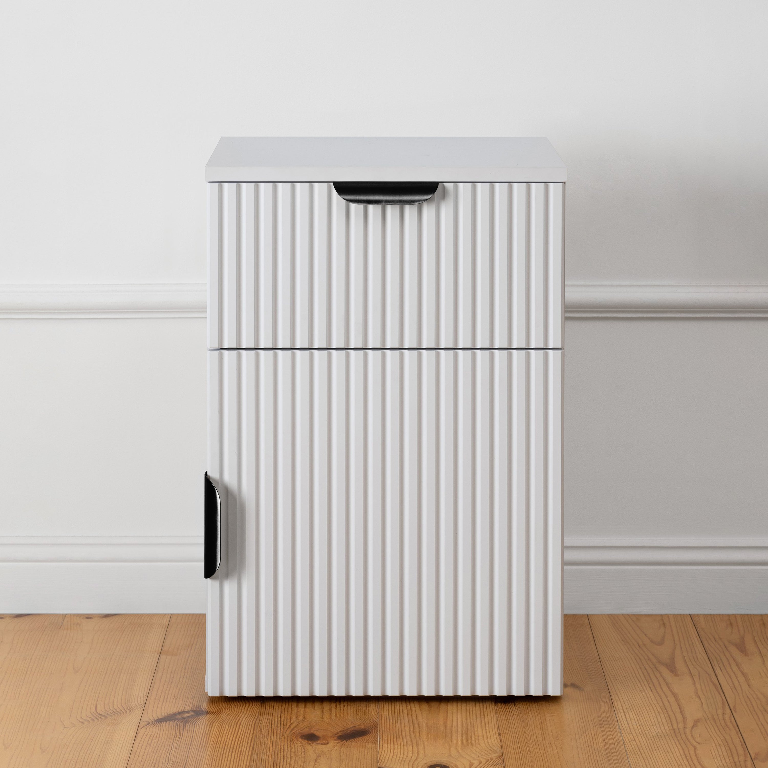 Kitchen & Dining Trolleys: PORTO BEDSIDE TABLE - WHITE - FLUTED - PULL BLACK